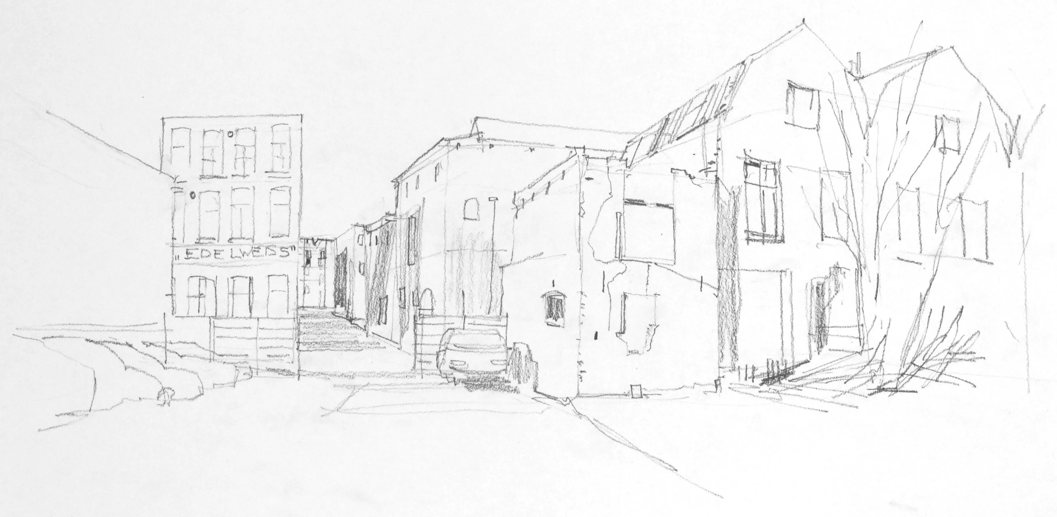Pencil sketch of an urban street scene with old buildings, a parked car, and a sign reading 'EDELWEISS'.