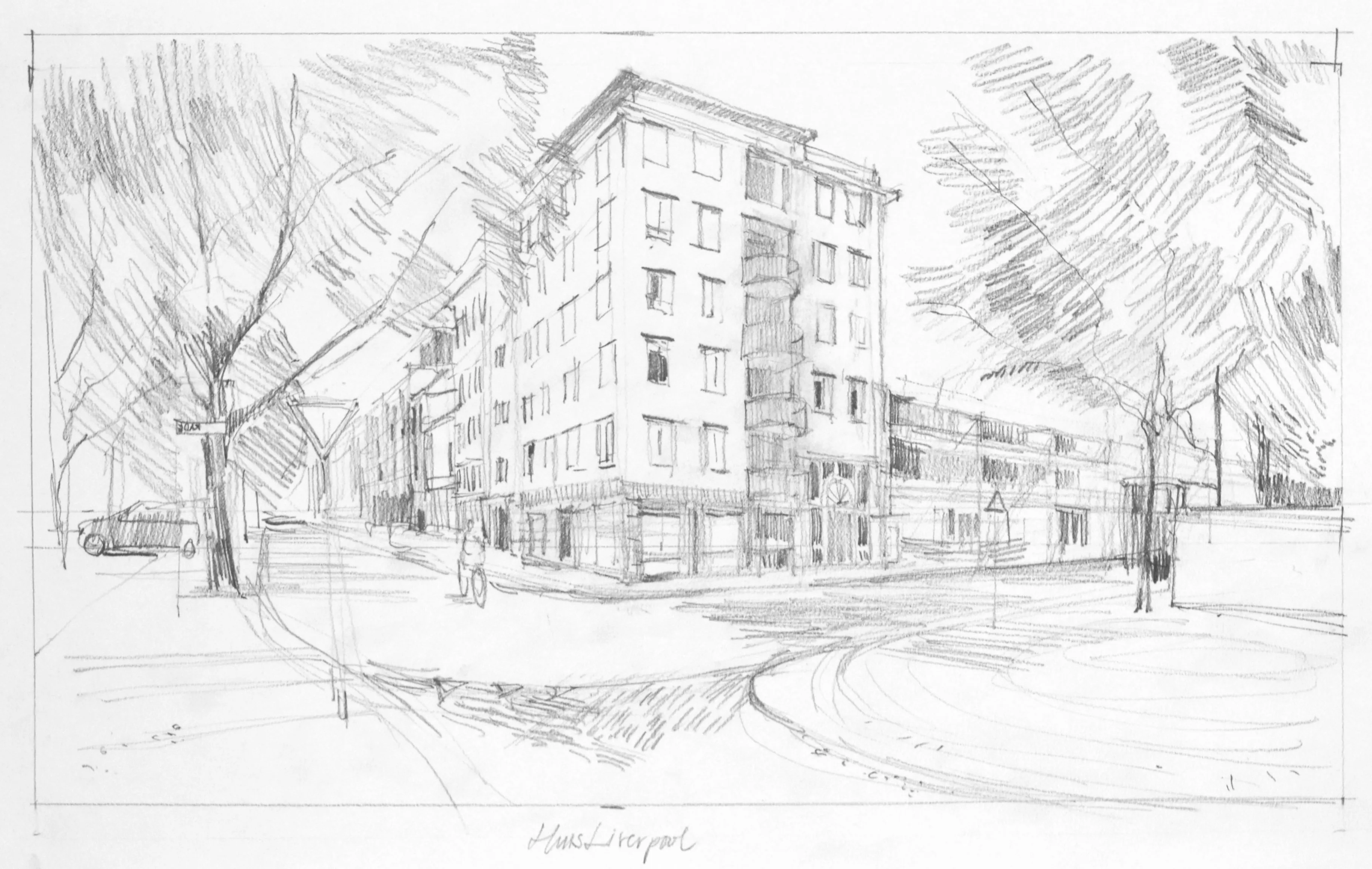 Pencil sketch of an urban street corner featuring a multi-story building, trees, a parked car, and a traffic sign.