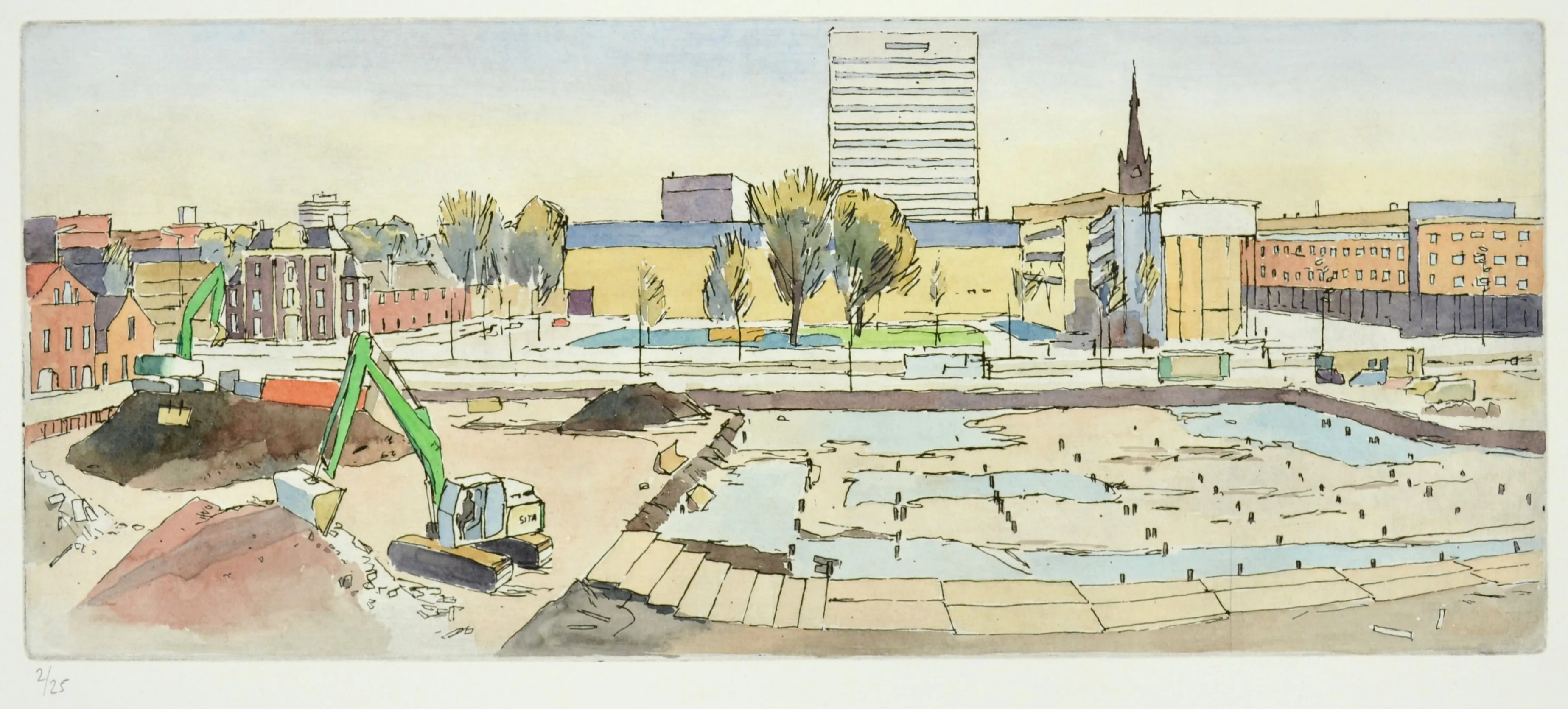 Watercolor illustration of a construction site with two green excavators, piles of dirt, and a cityscape with buildings and trees in the background.