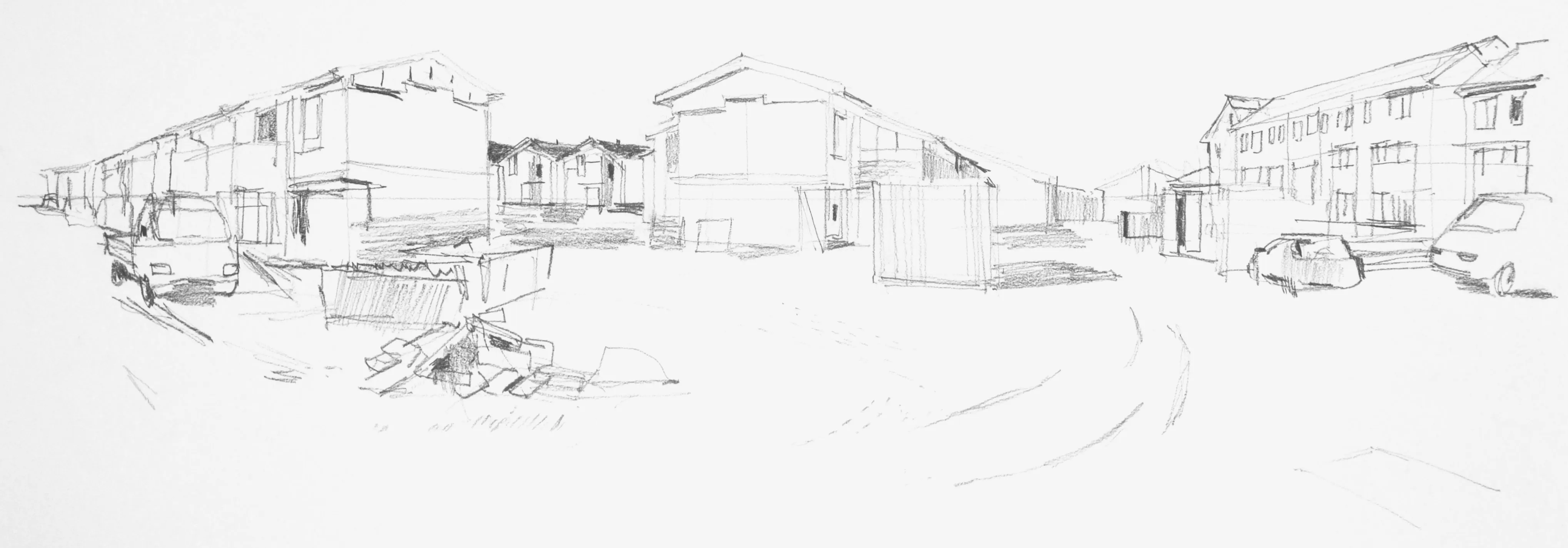 Pencil sketch of a residential street with multiple houses, parked cars, and scattered construction materials.