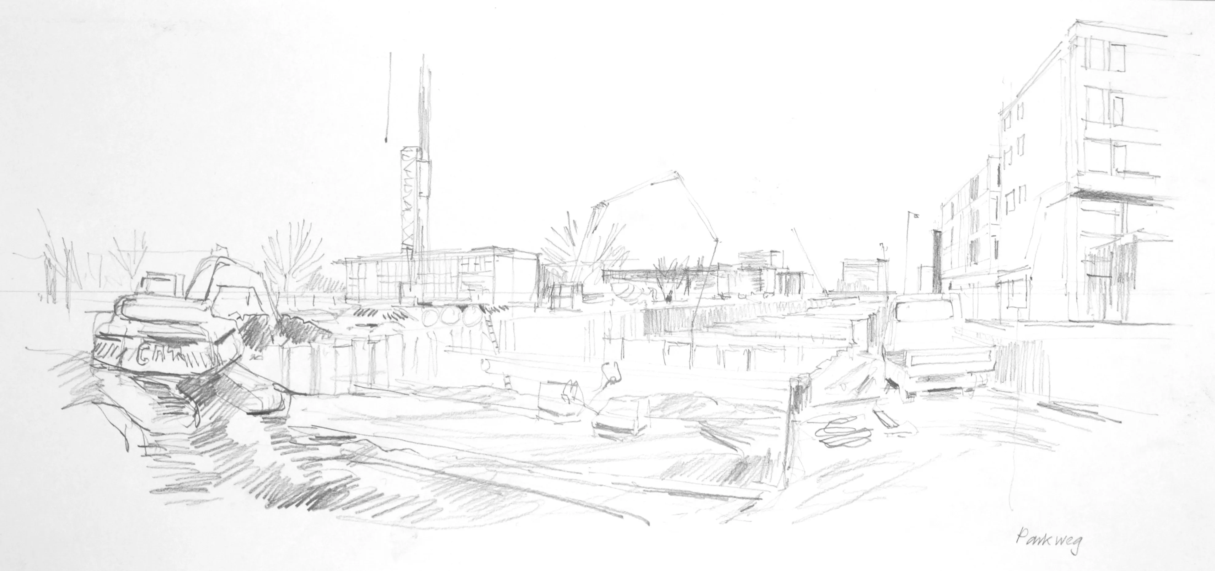 Pencil sketch of an urban construction site with heavy machinery, buildings, and cranes in the background.