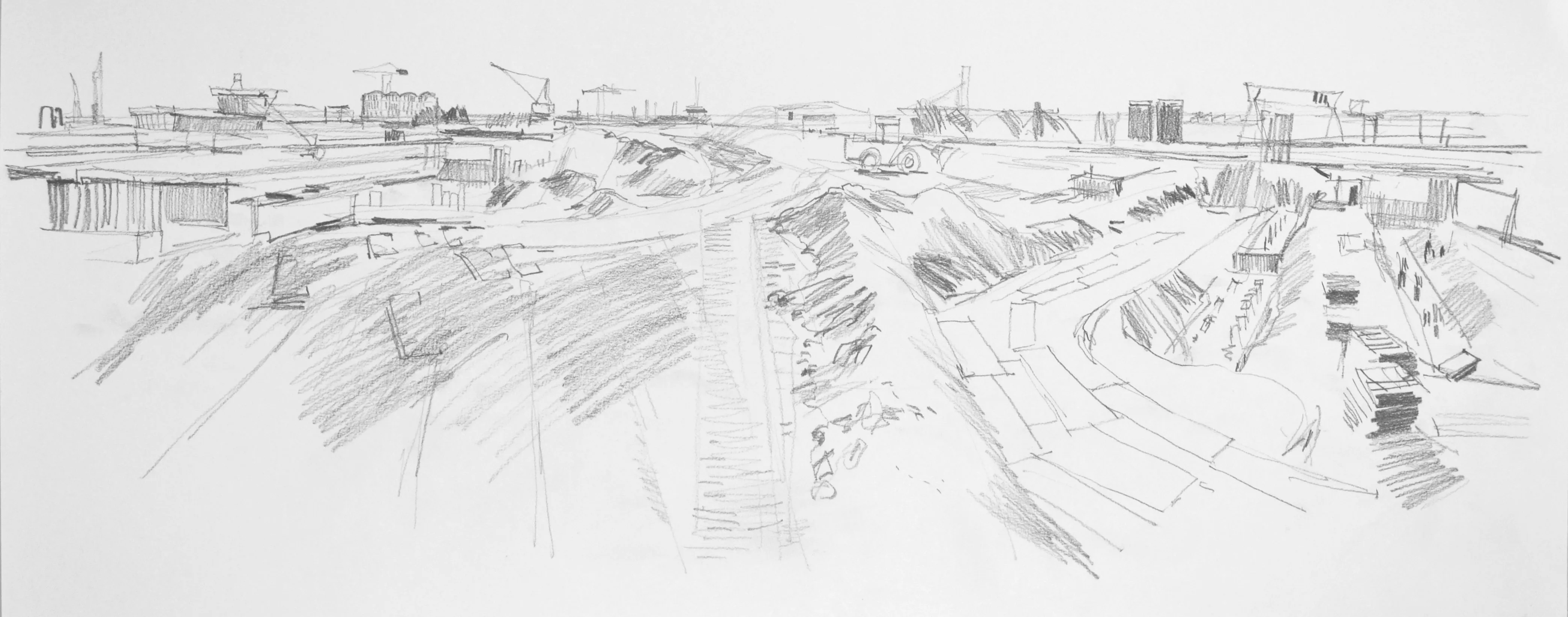 Pencil sketch of a construction site with excavated earth, building foundations, and cranes in the background.