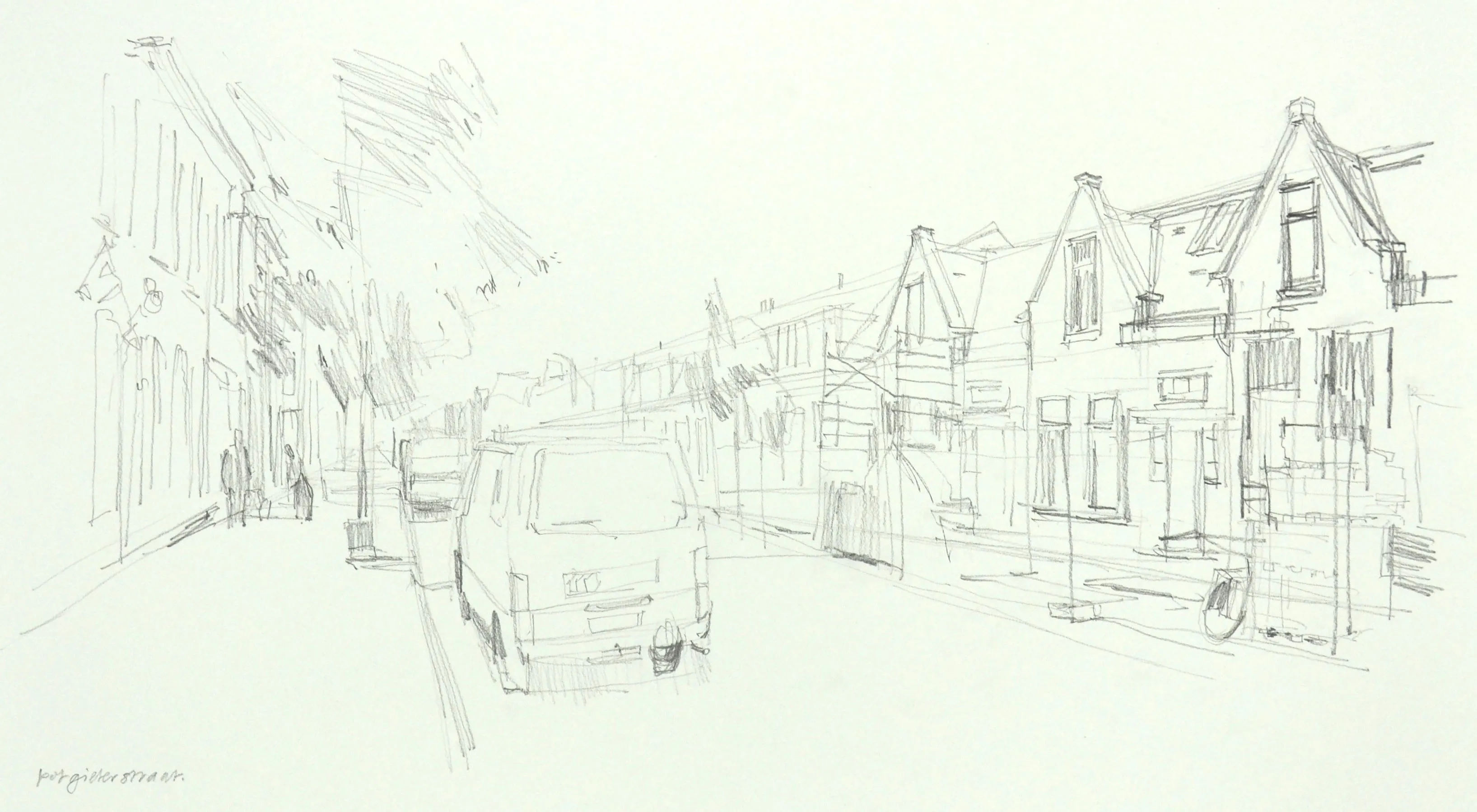 Pencil sketch of a street with buildings, parked vans, and a few people walking on the sidewalk.