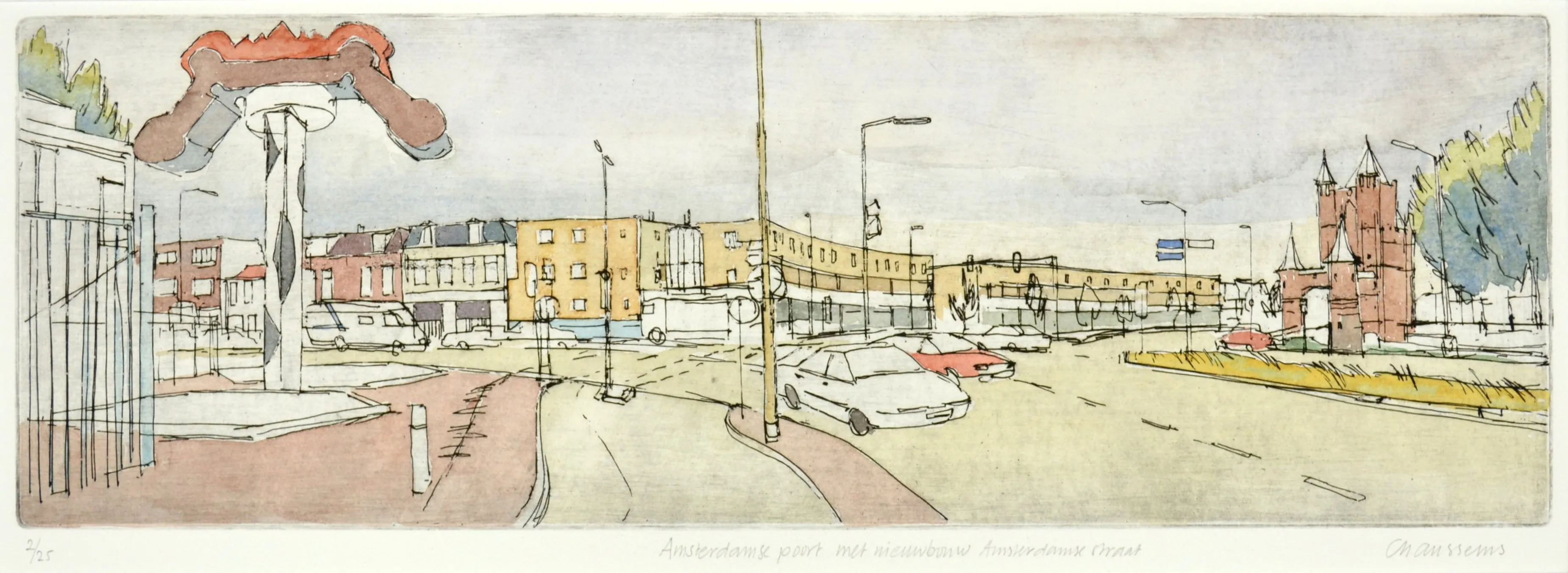 Watercolor sketch of a city street with cars, lampposts, buildings, and a red brick gate structure on the right.