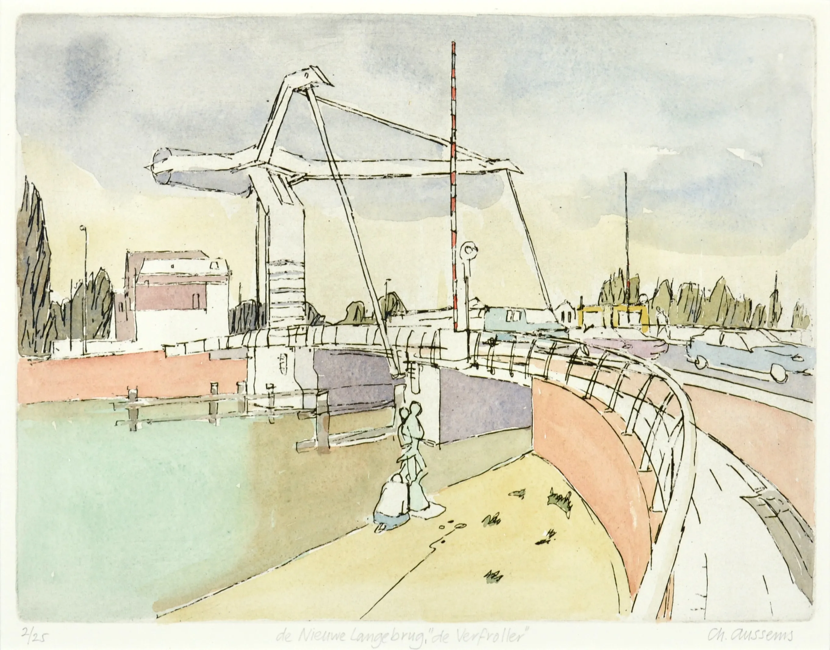 Watercolor sketch of a drawbridge over a canal with cars and a statue by the water.