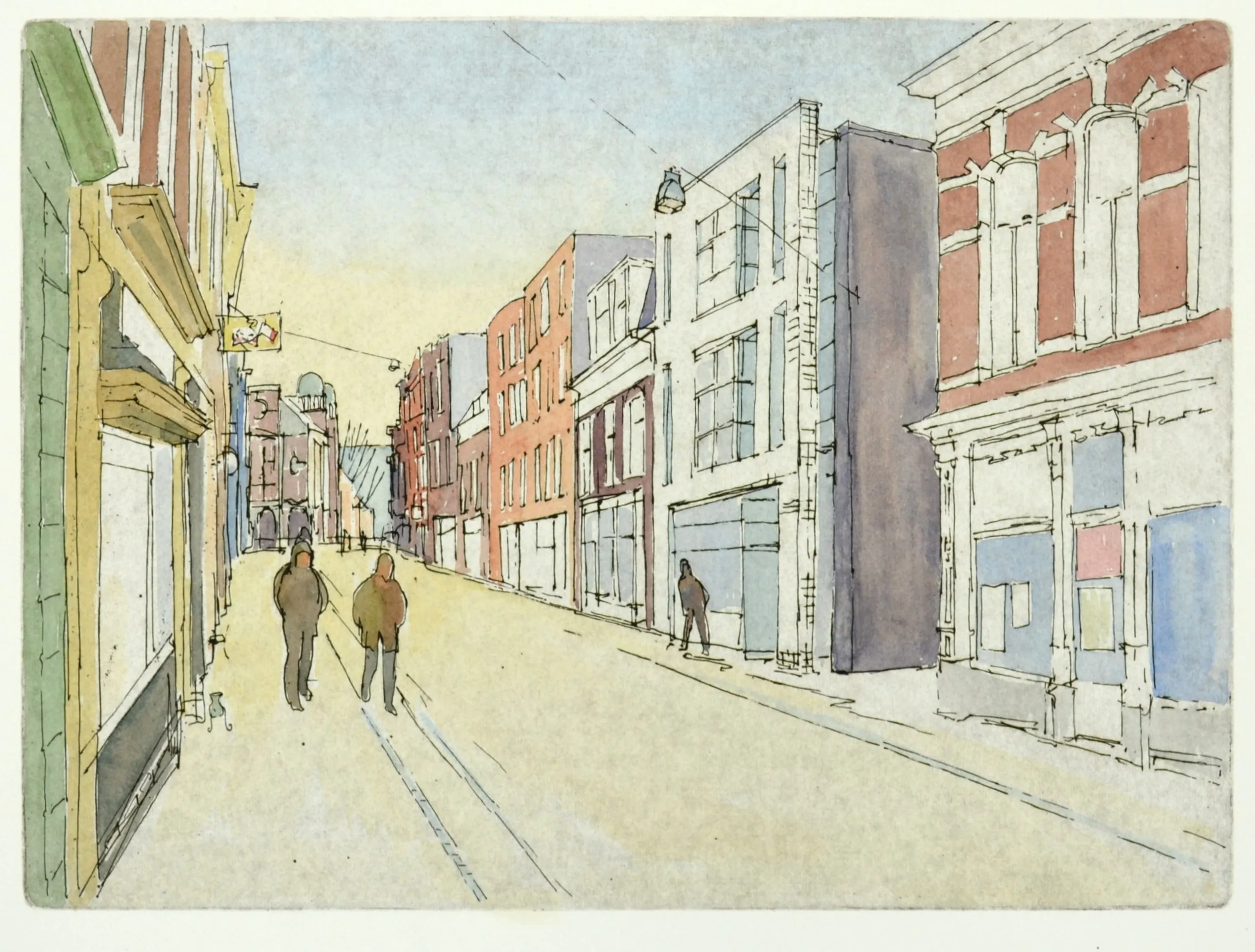 Watercolor sketch of a street scene with multi-story buildings and three people walking along the road near building fronts.