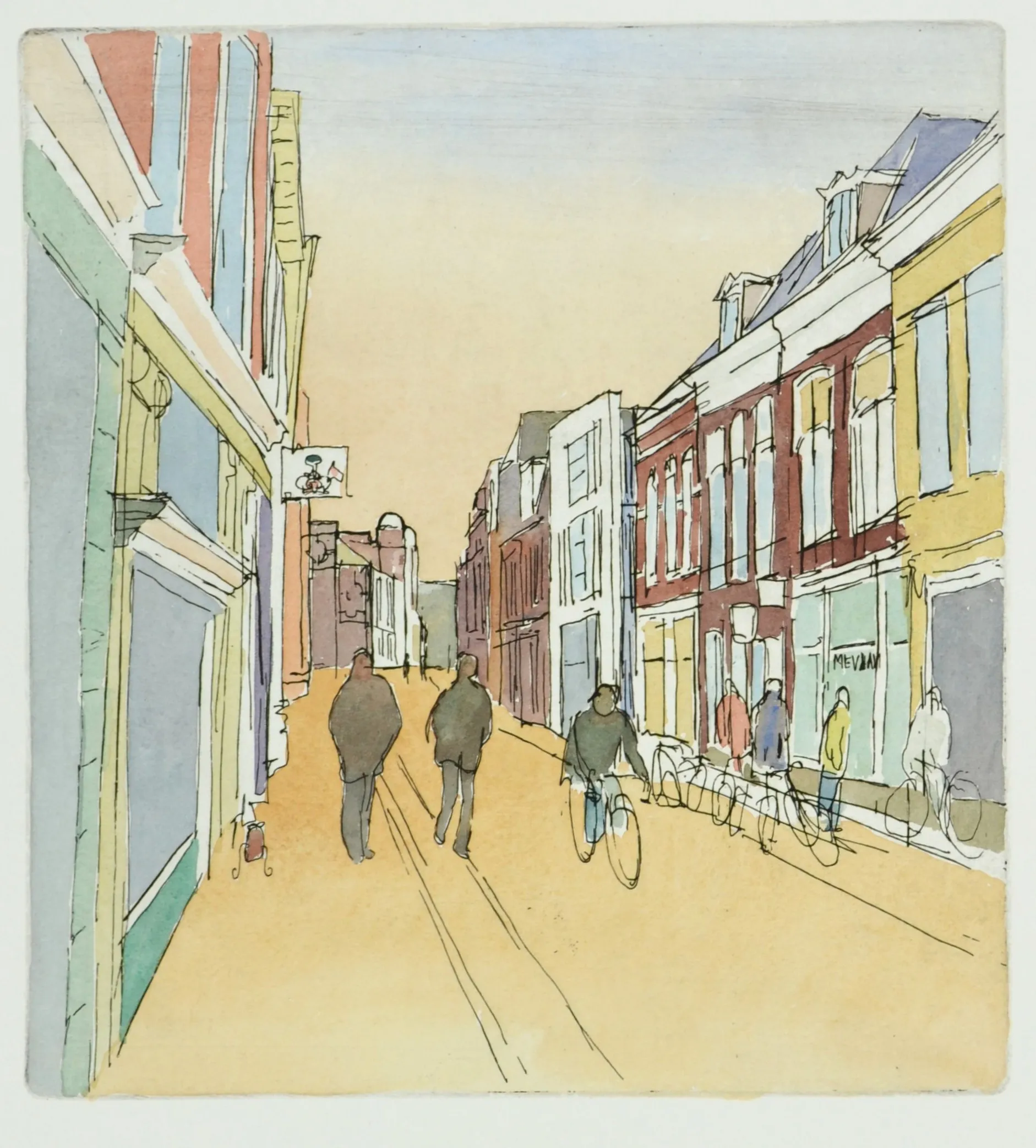 Watercolor sketch of a street scene with pedestrians walking and a person riding a bicycle among buildings.