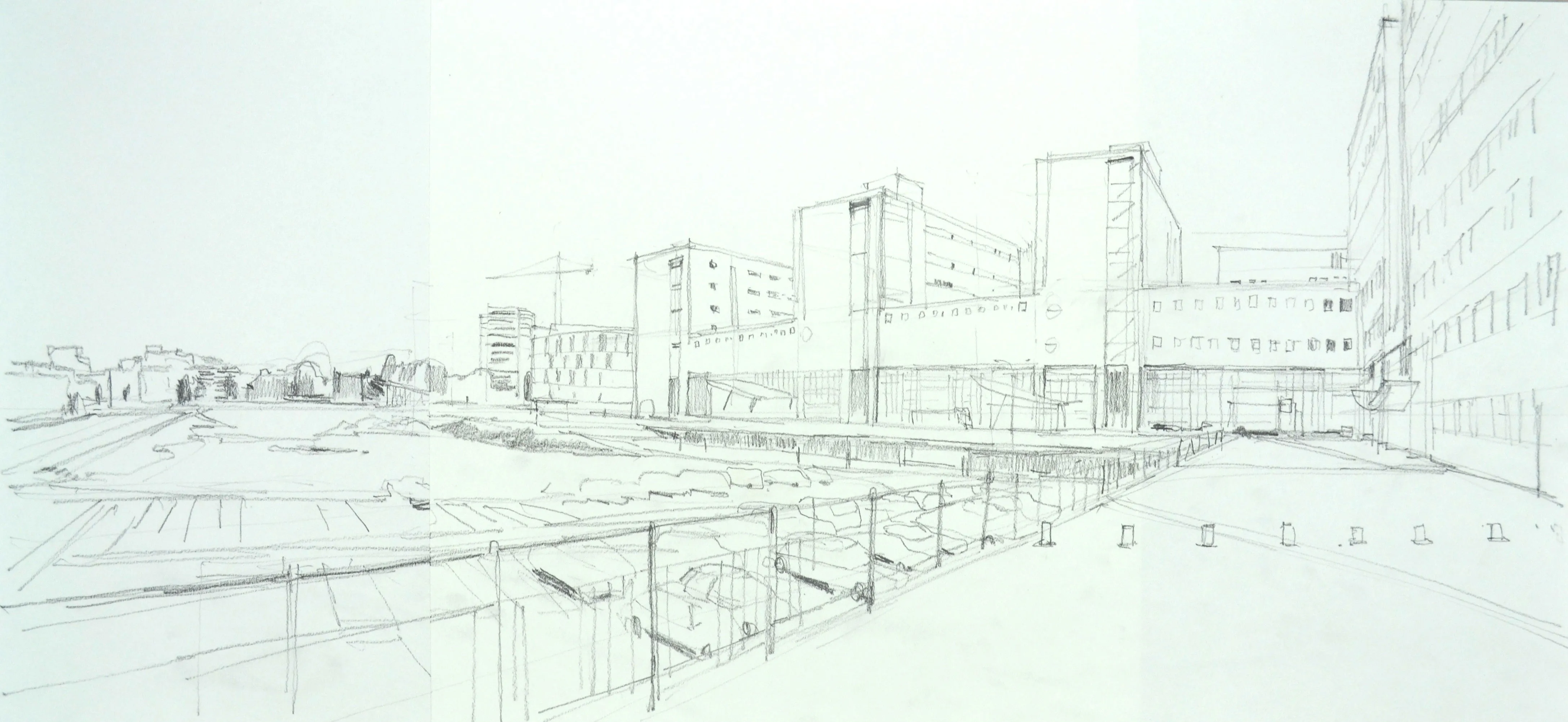Pencil sketch of a waterfront urban scene with modern buildings and a pedestrian path.