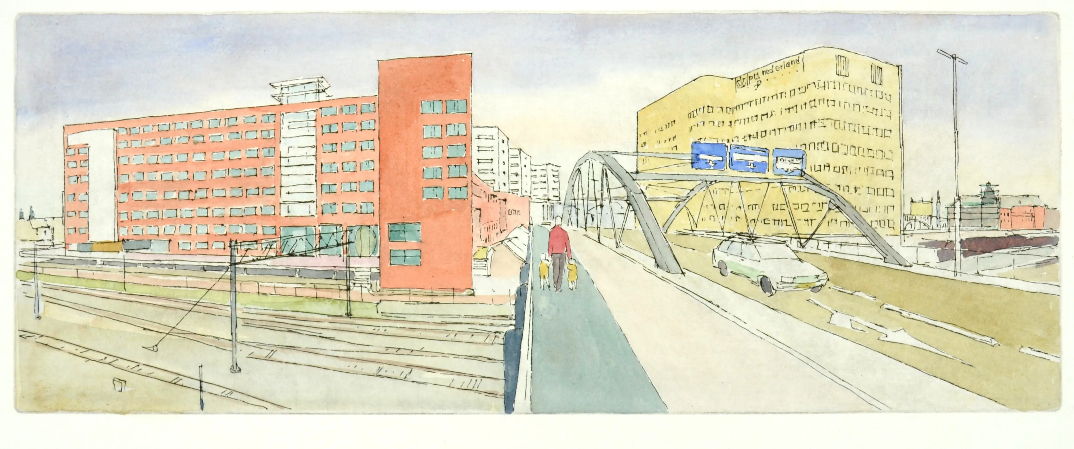 Watercolor sketch of urban scene featuring a red brick building, a bridge over railway tracks, and a person walking with two children on the sidewalk.