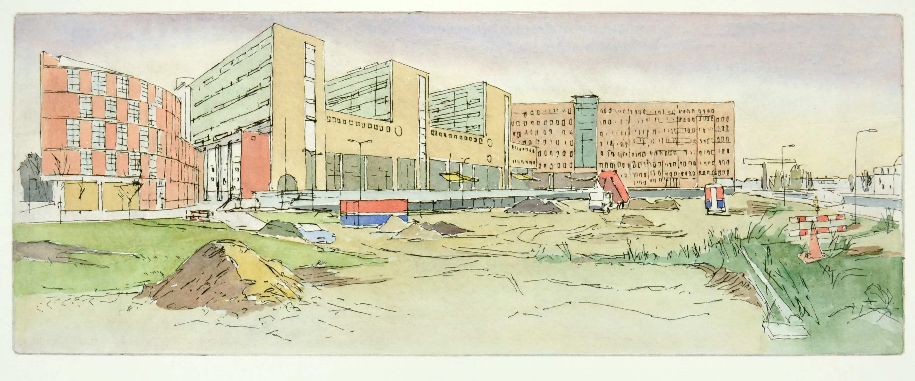 Watercolor sketch of a construction site with modern buildings in the background and dirt piles in the foreground.