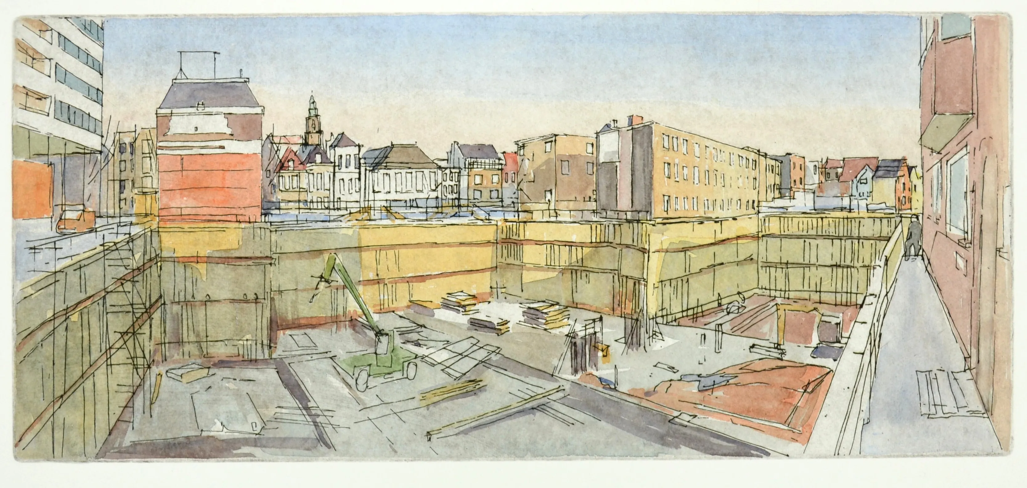 Watercolor sketch of an urban construction site with surrounding buildings and a person walking on a sidewalk.