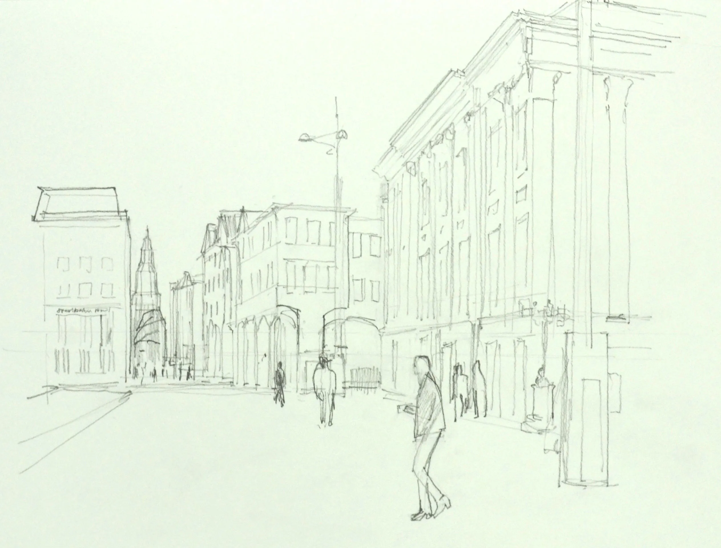 Pencil sketch of a city street with buildings, people walking, and a tall church tower in the background.
