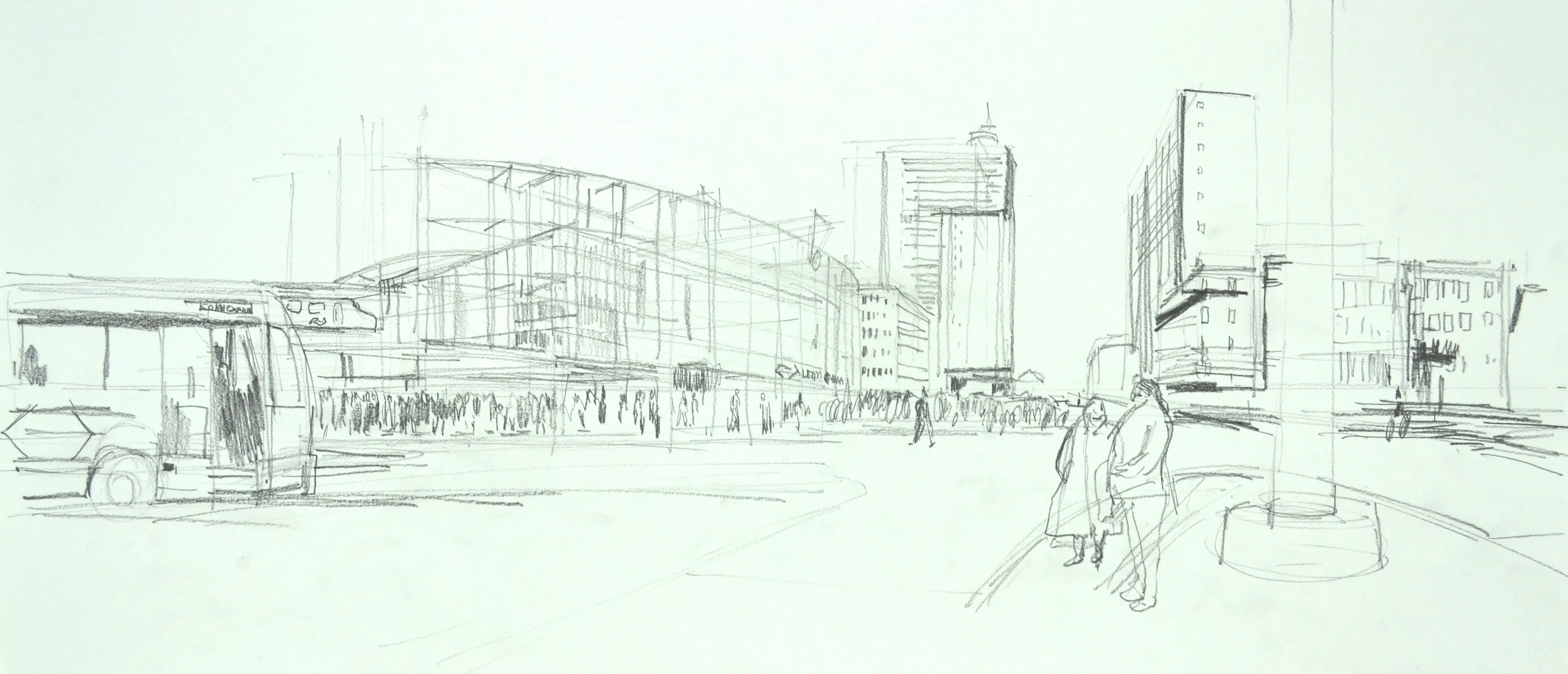 Pencil sketch of an urban scene with a bus, crowds of people, and modern buildings in the background.