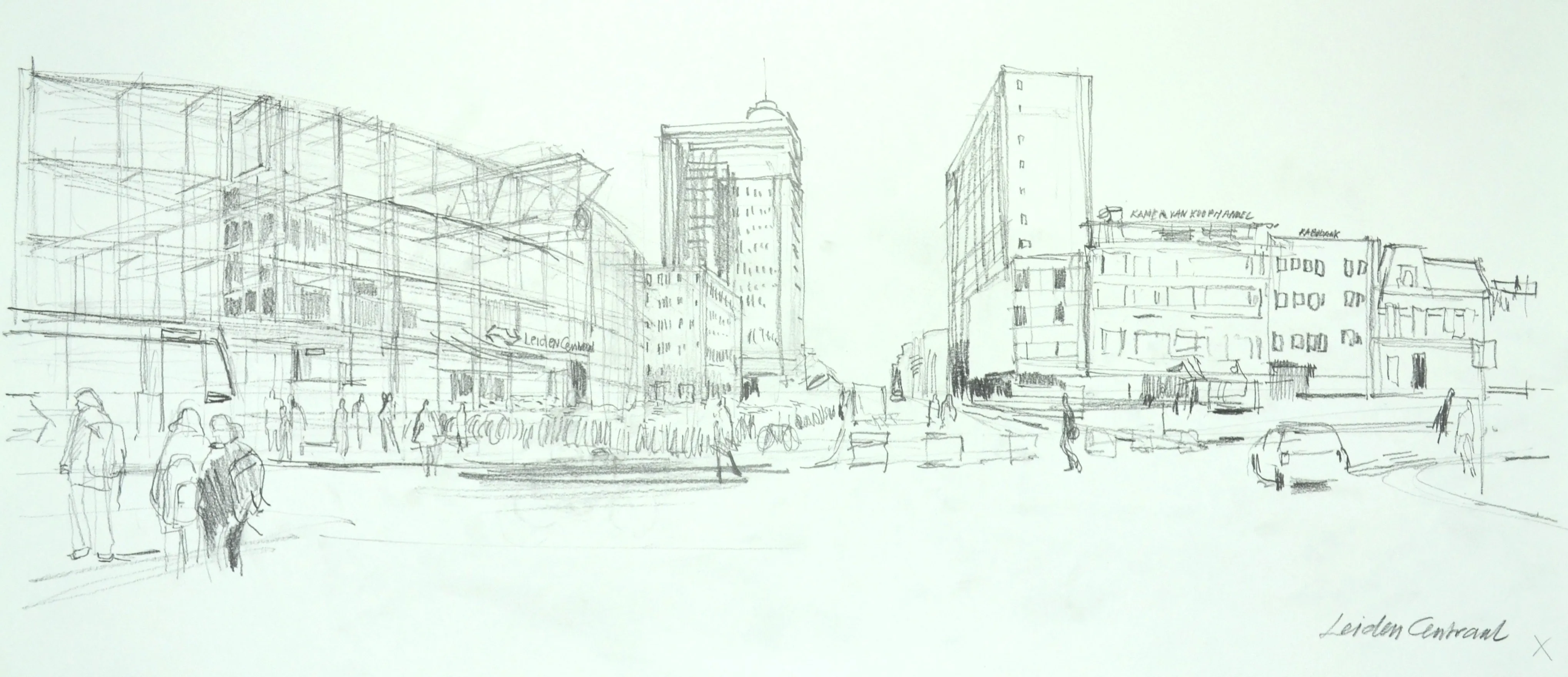 Pencil sketch of an urban street scene featuring buildings, pedestrians, cars, and signage with 'Leiden Centraal' written at the bottom right.