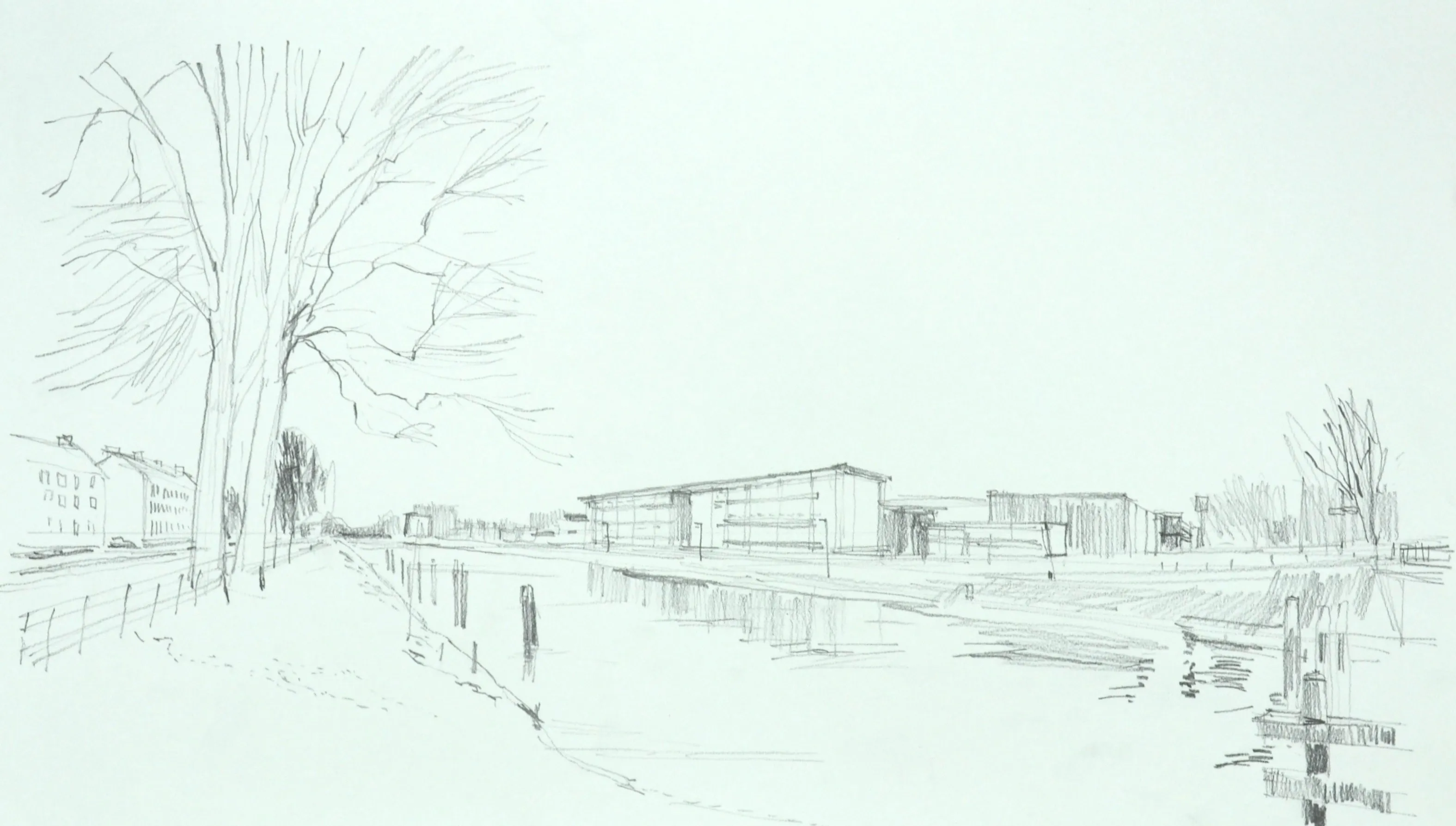 Black and white pencil sketch of a canal with buildings and leafless trees along a pathway.