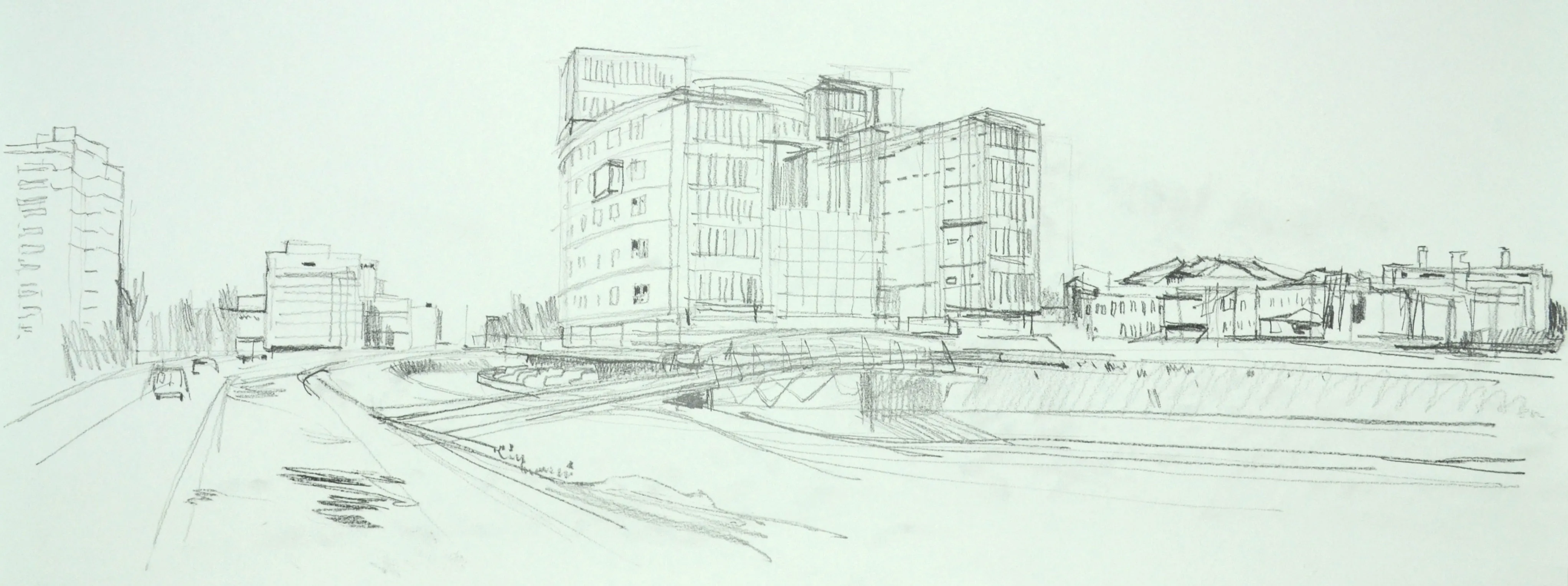 Pencil sketch of an urban scene with modern buildings, a curved road, a bridge, and a few trees.