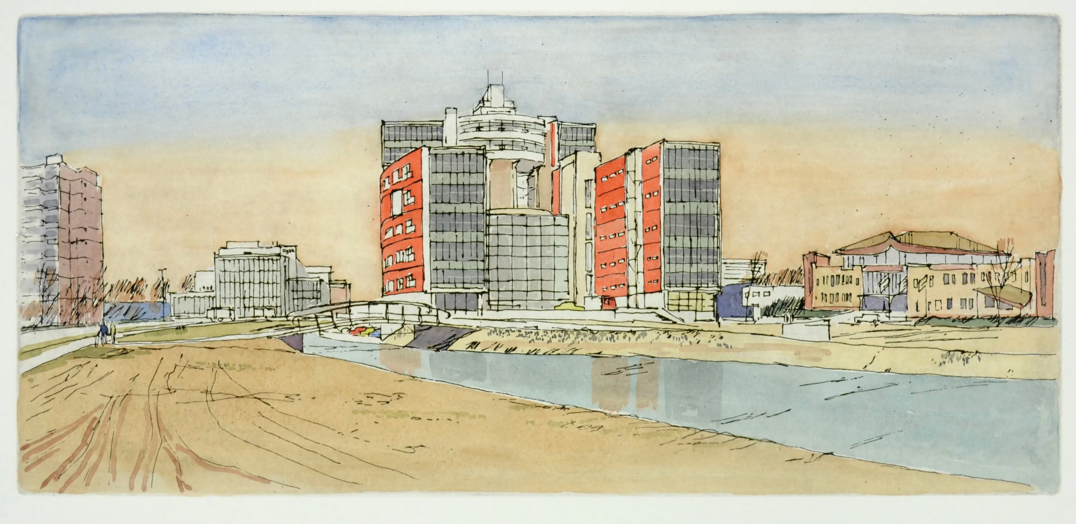 Watercolor sketch of modern buildings near a river with a path and sparse trees.