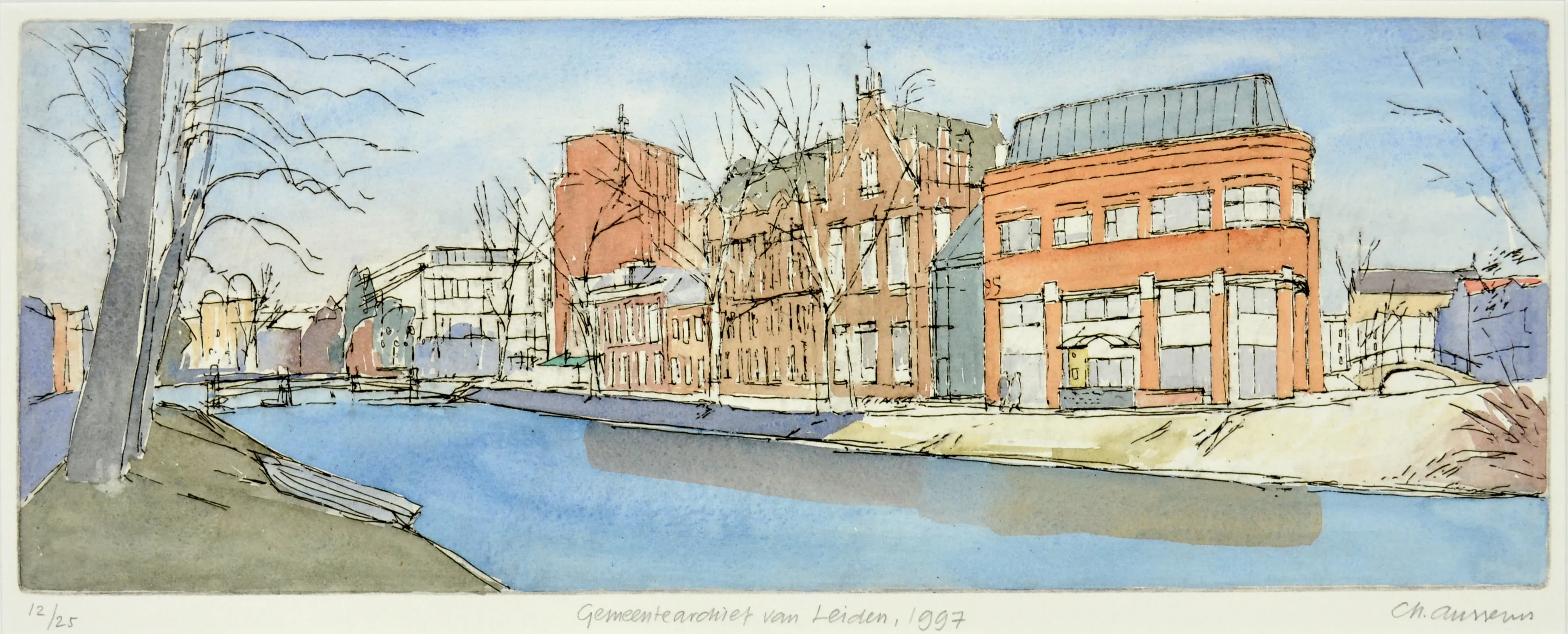 Watercolor and ink illustration of a canal lined with leafless trees and red brick buildings under a blue sky.