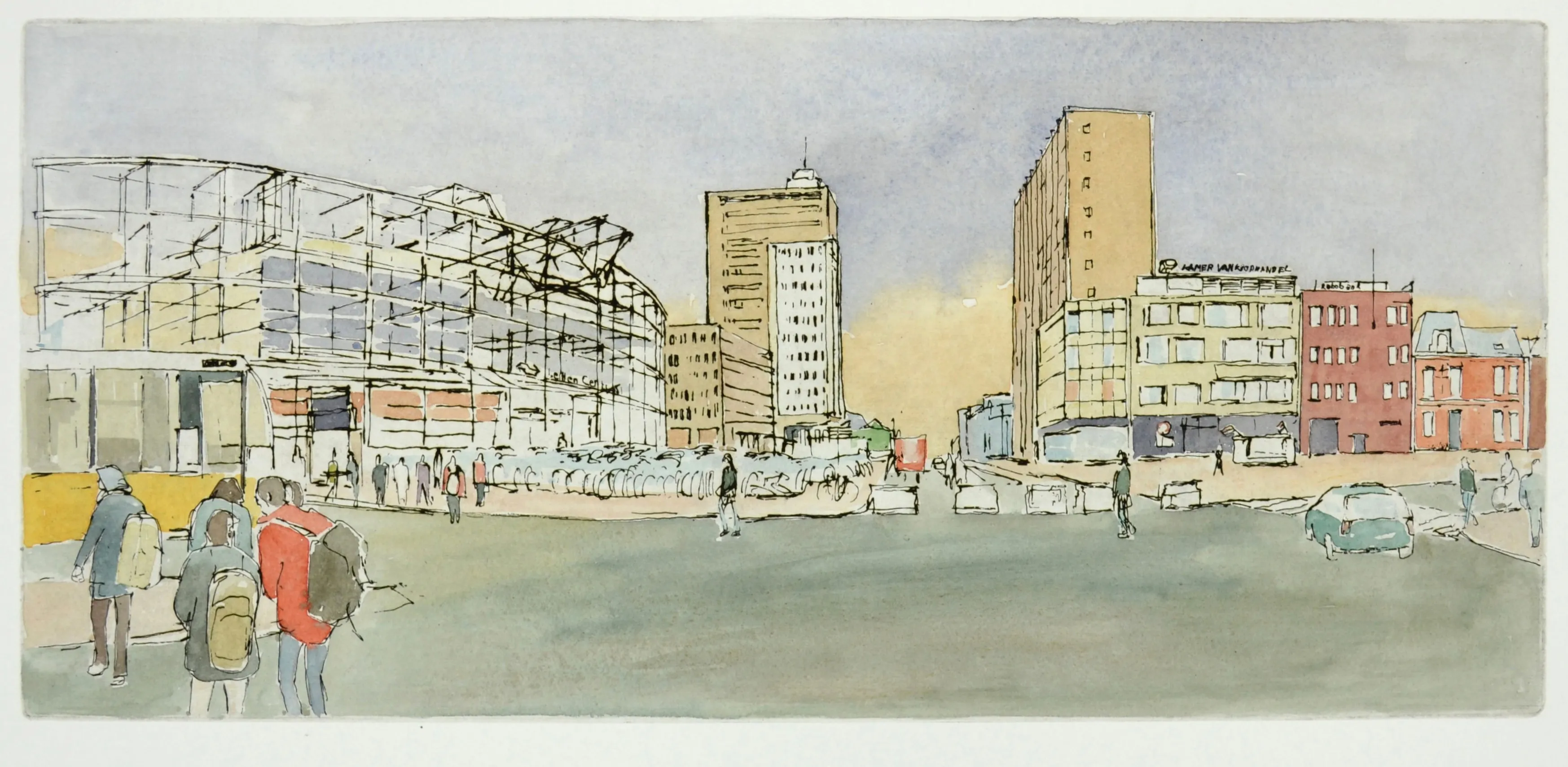 Watercolor cityscape with modern buildings, a glass structure under construction, people walking, and a few cars on the street.