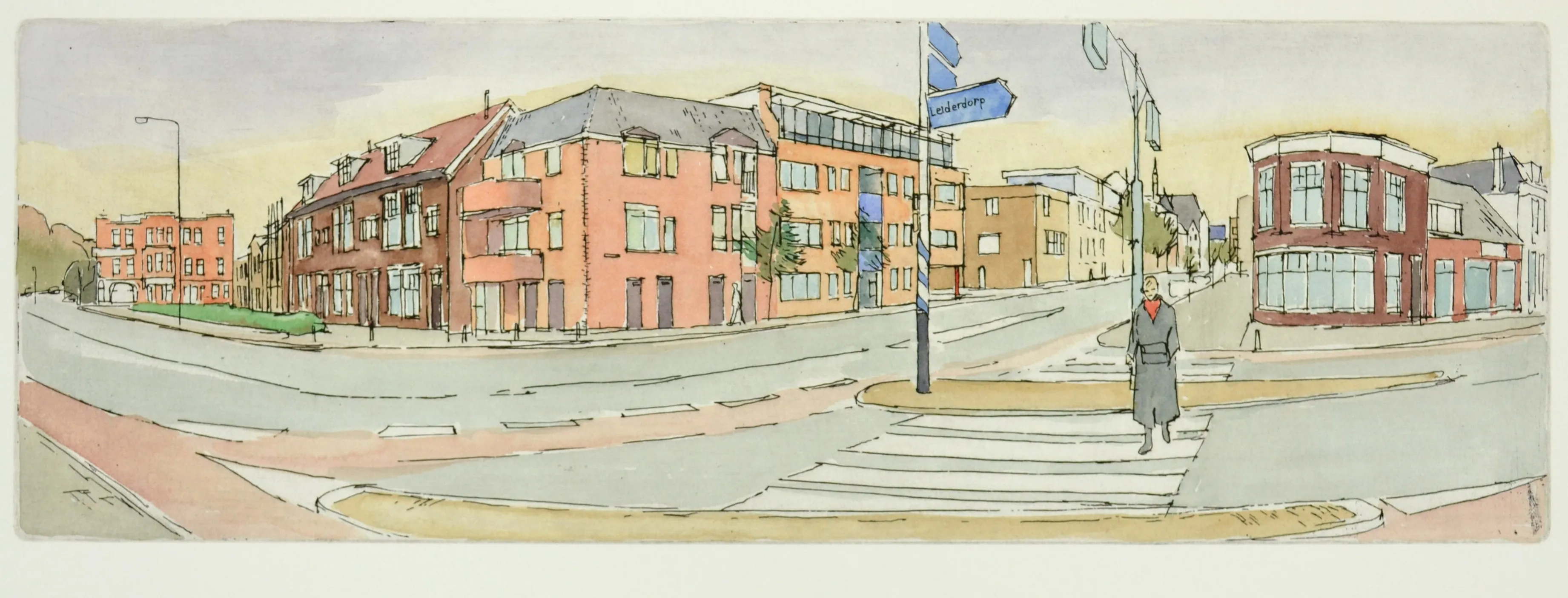 Watercolor sketch of a street corner with red brick buildings, a pedestrian crossing, and a person walking.