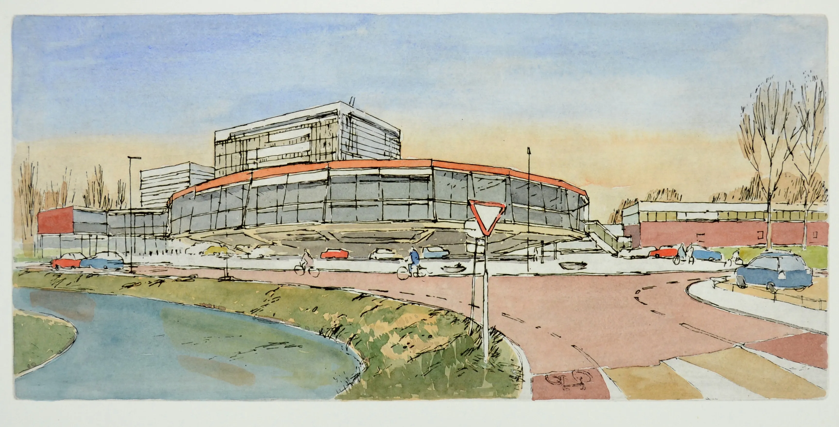 Watercolor sketch of a modern circular building with large windows next to a road, cyclists, cars, and trees under a clear sky.