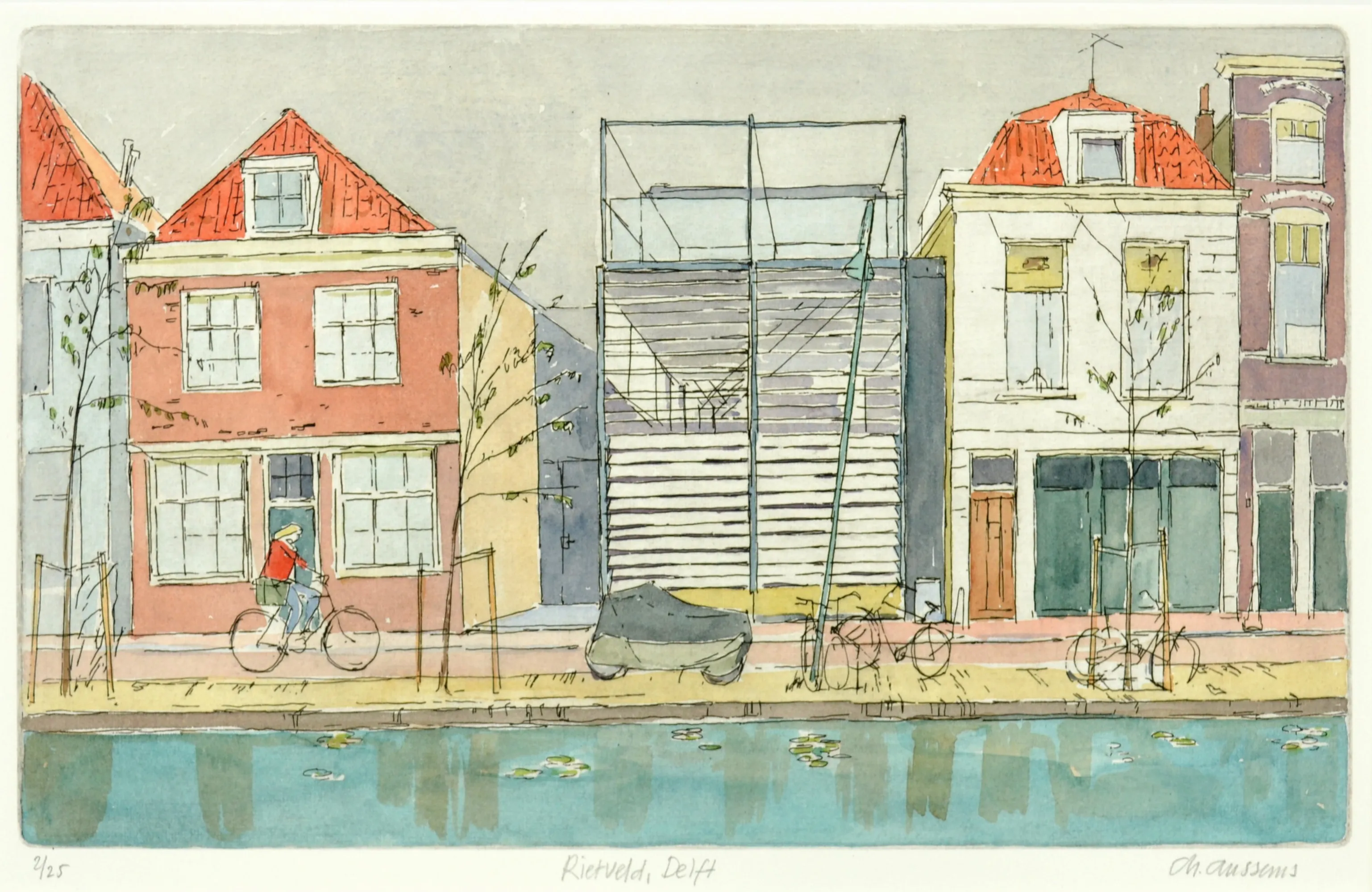 Watercolor illustration of a canal-side street in Delft with red-roofed houses, cyclists, bicycles, and bare trees.