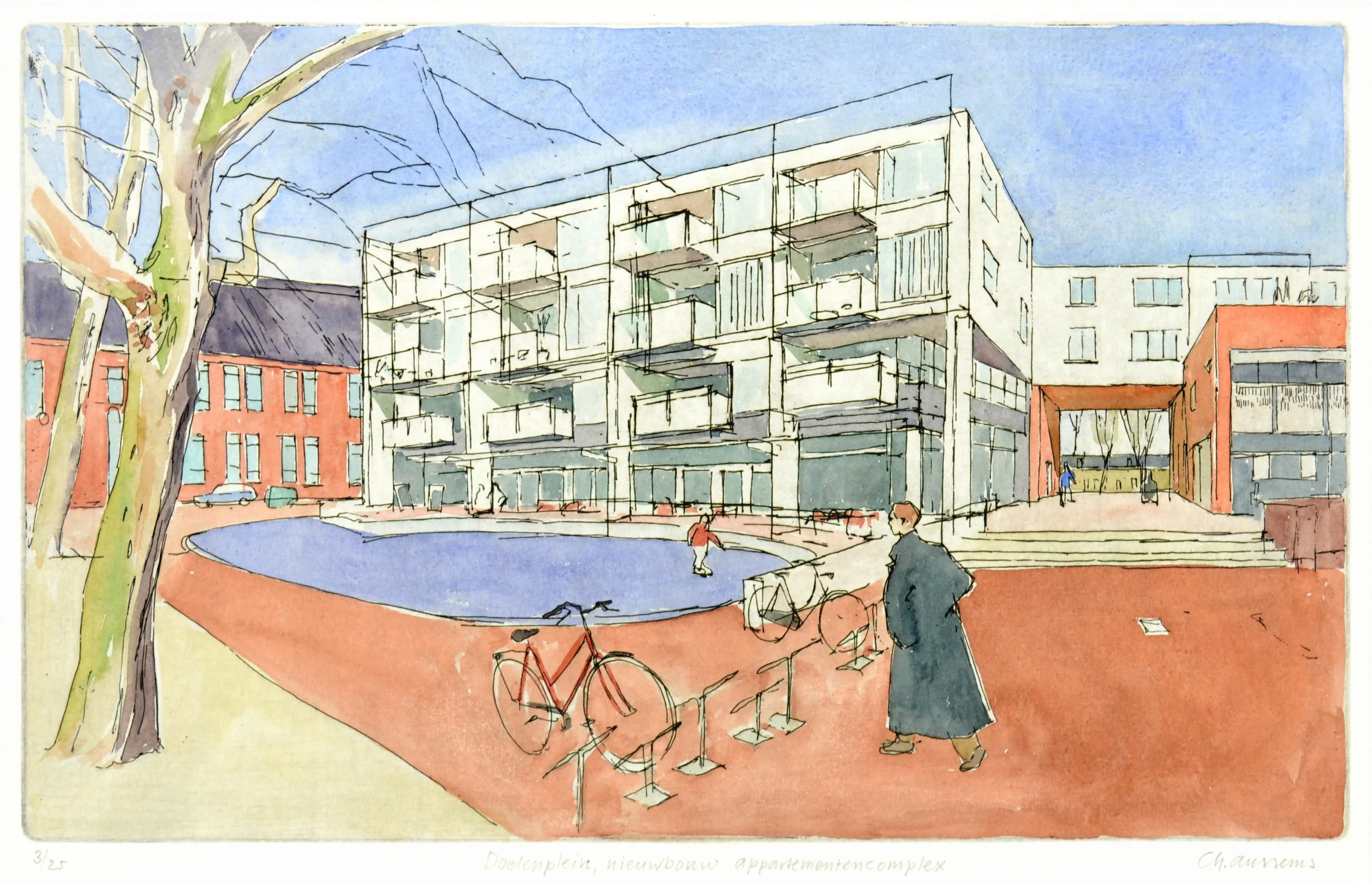 Watercolor architectural drawing of a modern apartment complex with balconies, a curved blue water feature, bicycles parked on red pavement, and a person in a long coat walking nearby.