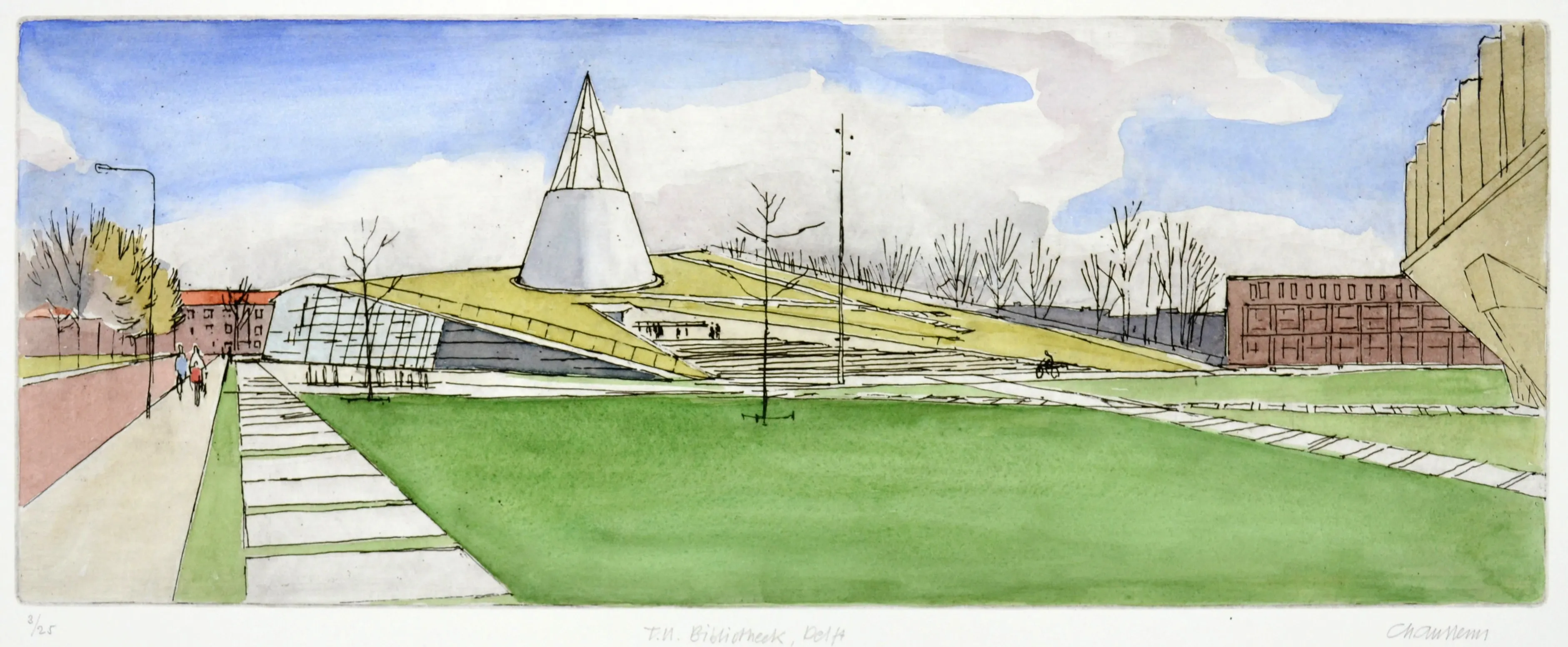 Watercolor painting of a modern building with a sloped grassy roof and conical glass tower, surrounded by pathways and trees under a blue sky.