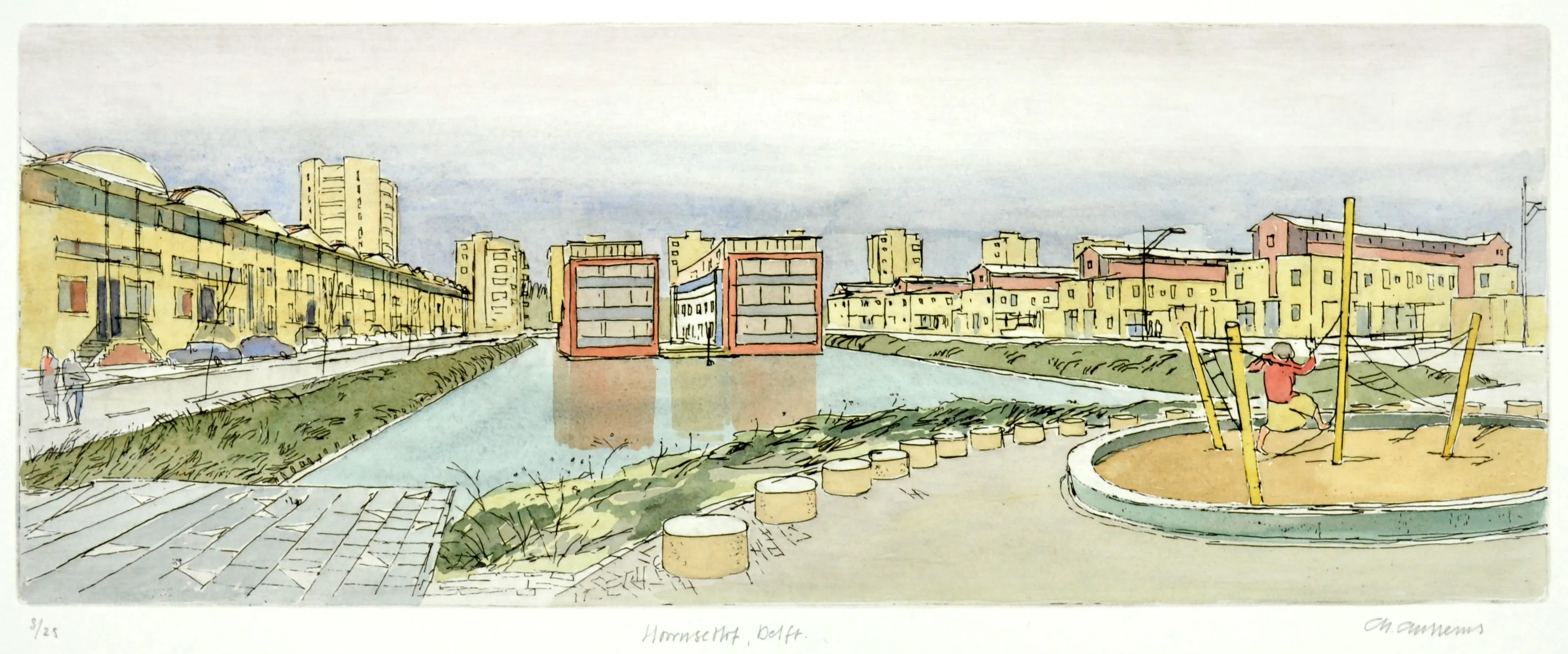 Waterfront view of modern buildings with a playground and a child on a swing in the foreground.