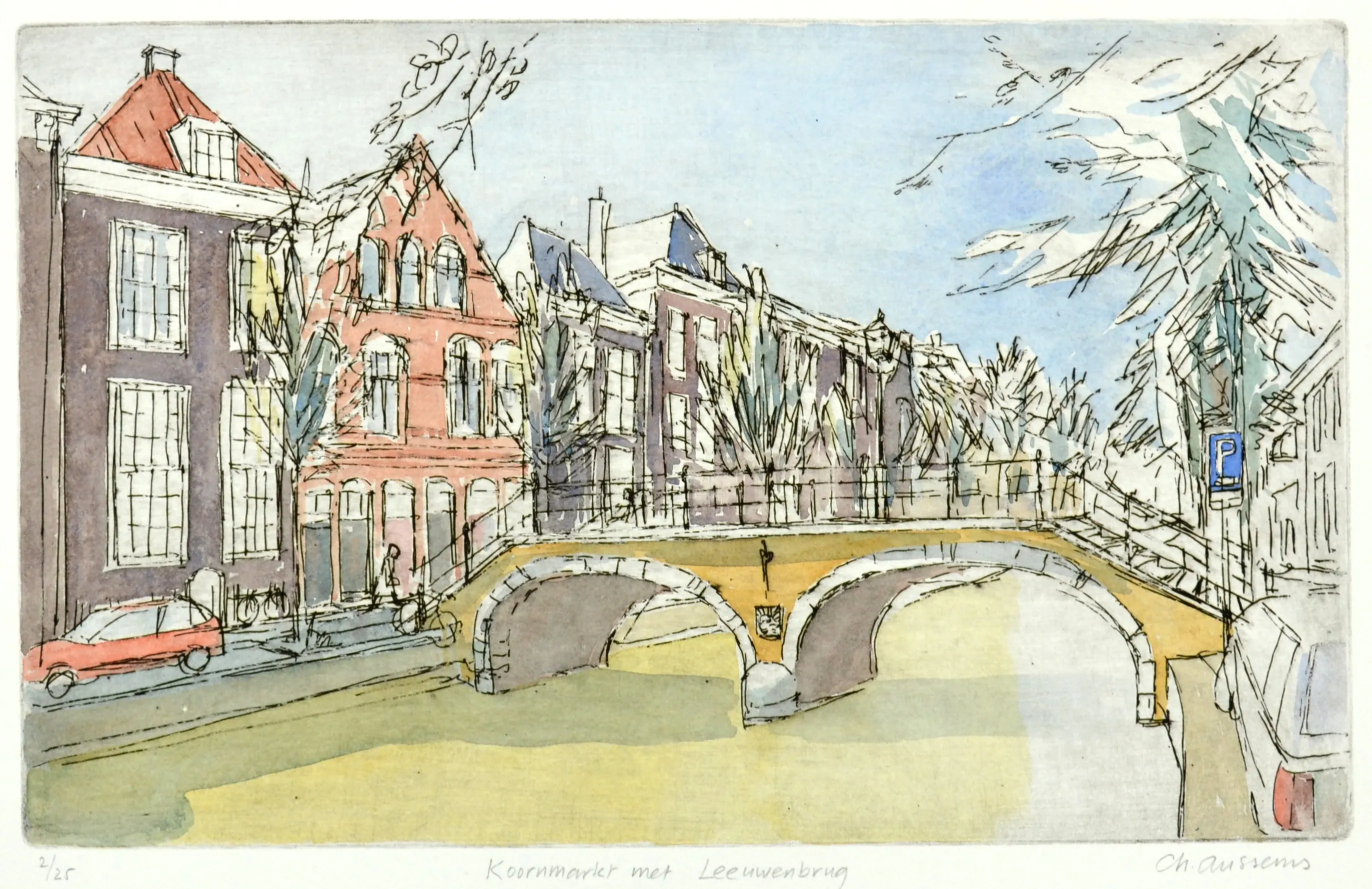 Watercolor and ink drawing of a yellow arched stone bridge over a canal with buildings and parked cars along the street in a small town.