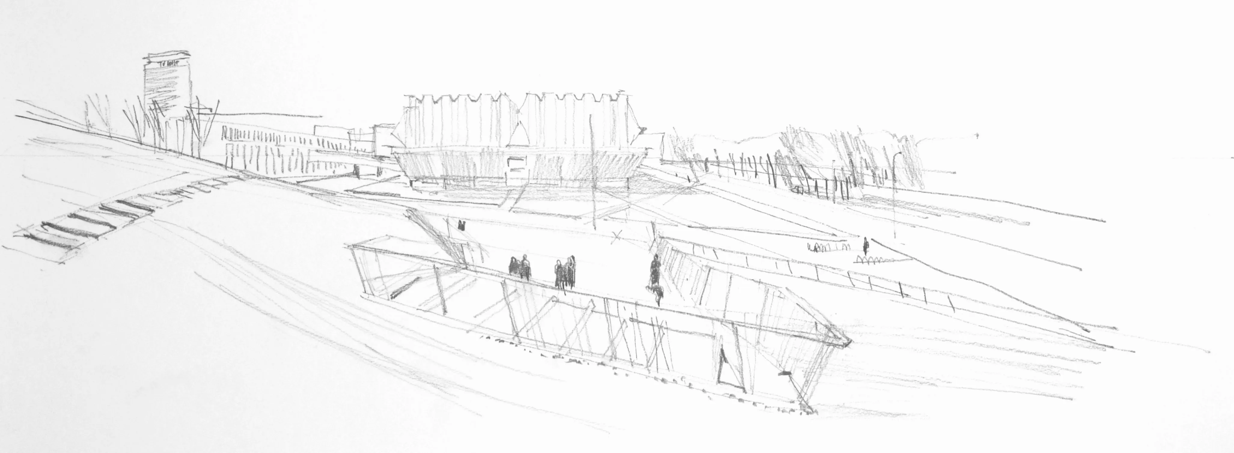 Pencil sketch of modern architectural buildings and open outdoor walkways with small groups of people.
