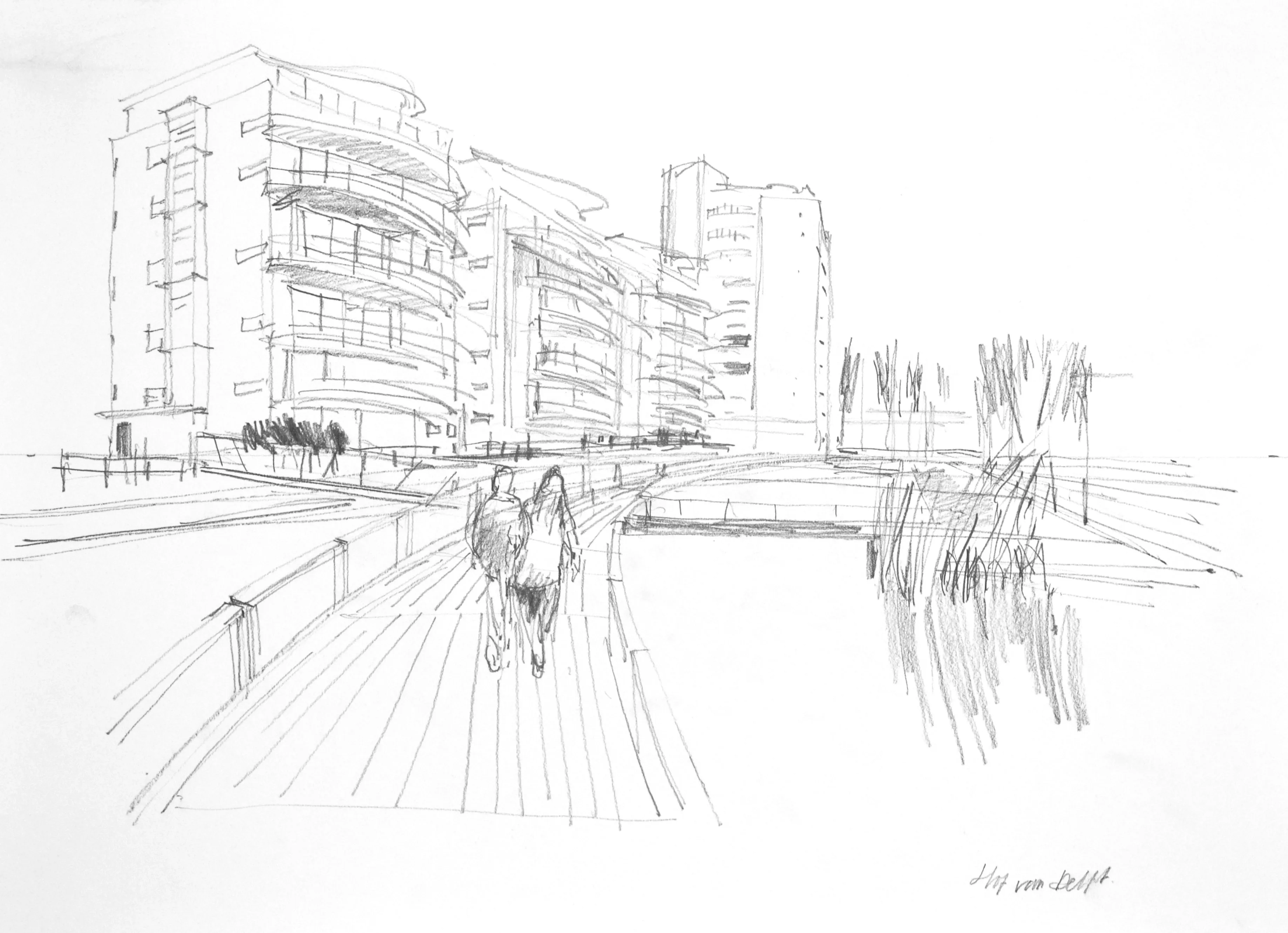 Pencil sketch of modern buildings along a waterfront with two people walking on a wooden boardwalk.
