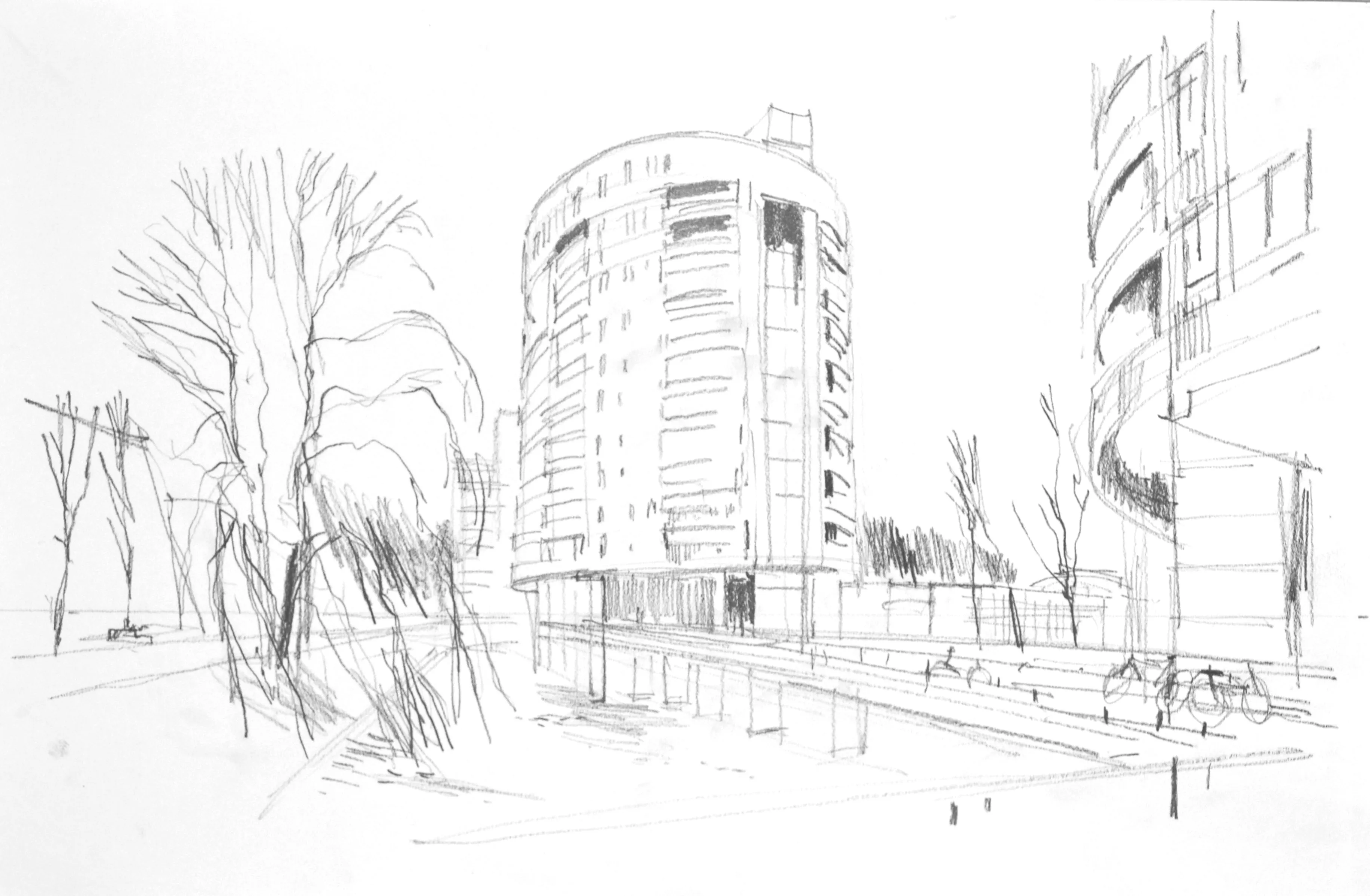 Black and white pencil sketch of a modern round building with a canal, leafless trees, and bicycles nearby.