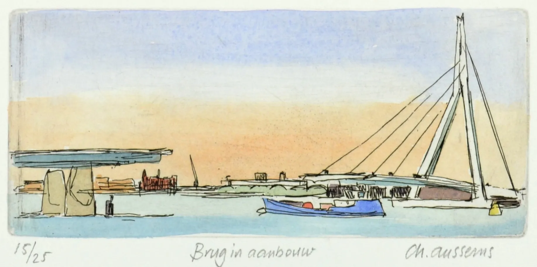 Sketch of a modern cable-stayed bridge over water with a small blue boat nearby and an orange and blue sky background.