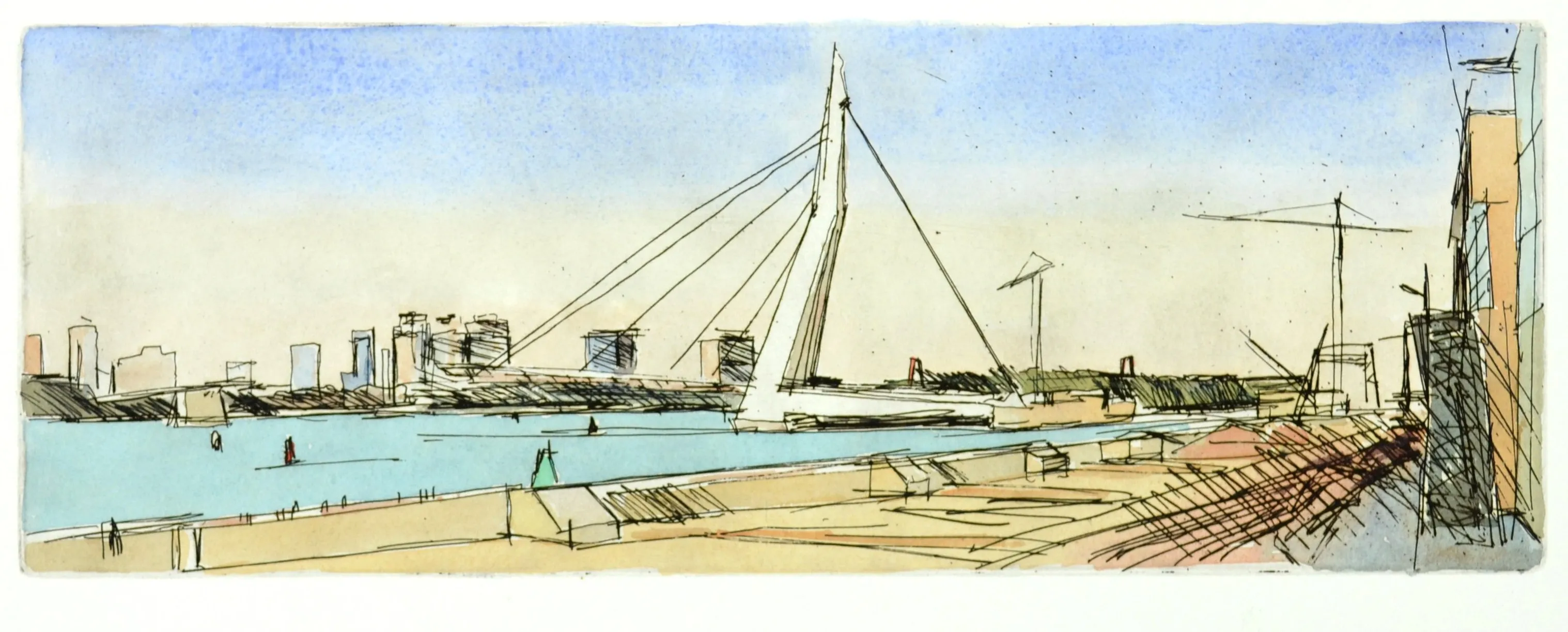 Watercolor sketch of a modern cable-stayed bridge spanning a river with a city skyline in the background.