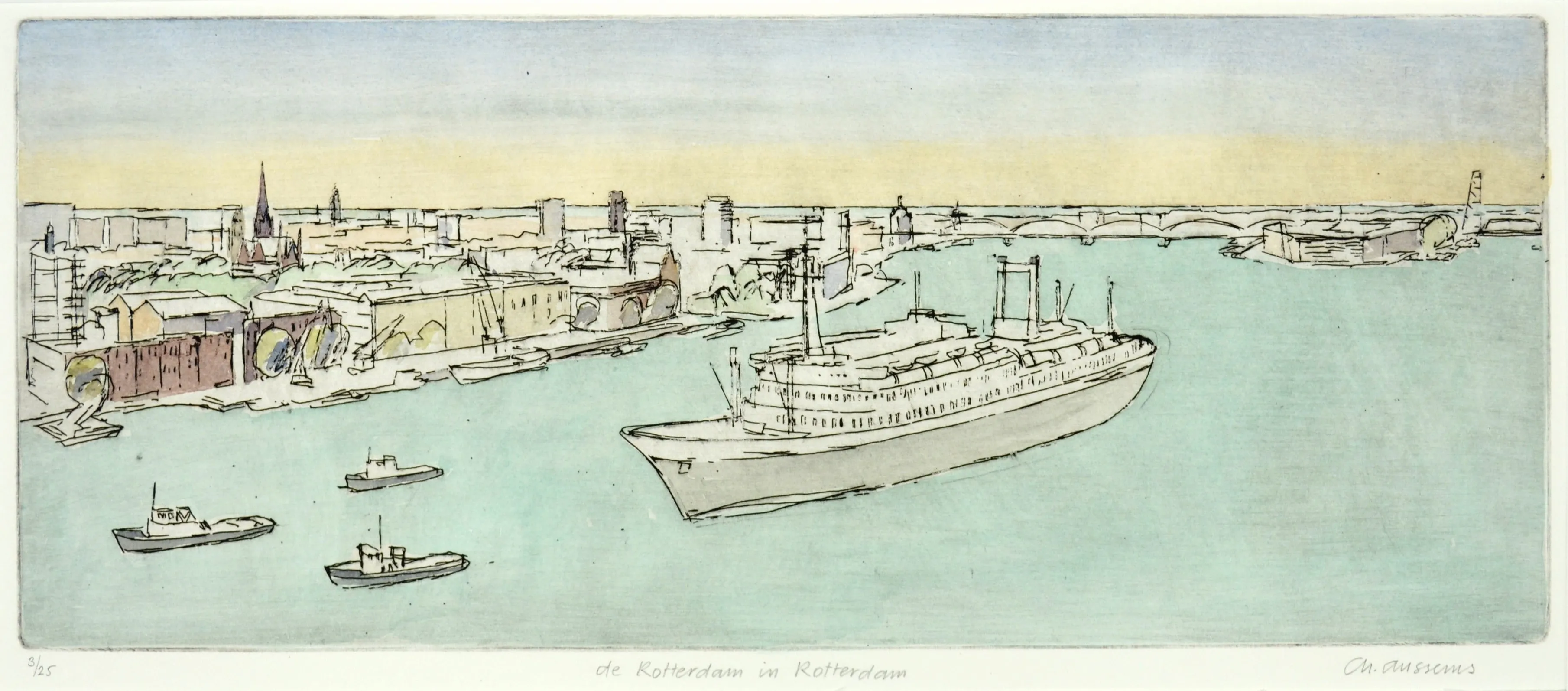 Sketch-style watercolor illustration of a large ship and smaller boats in a harbor with a cityscape in the background under a pale sky.