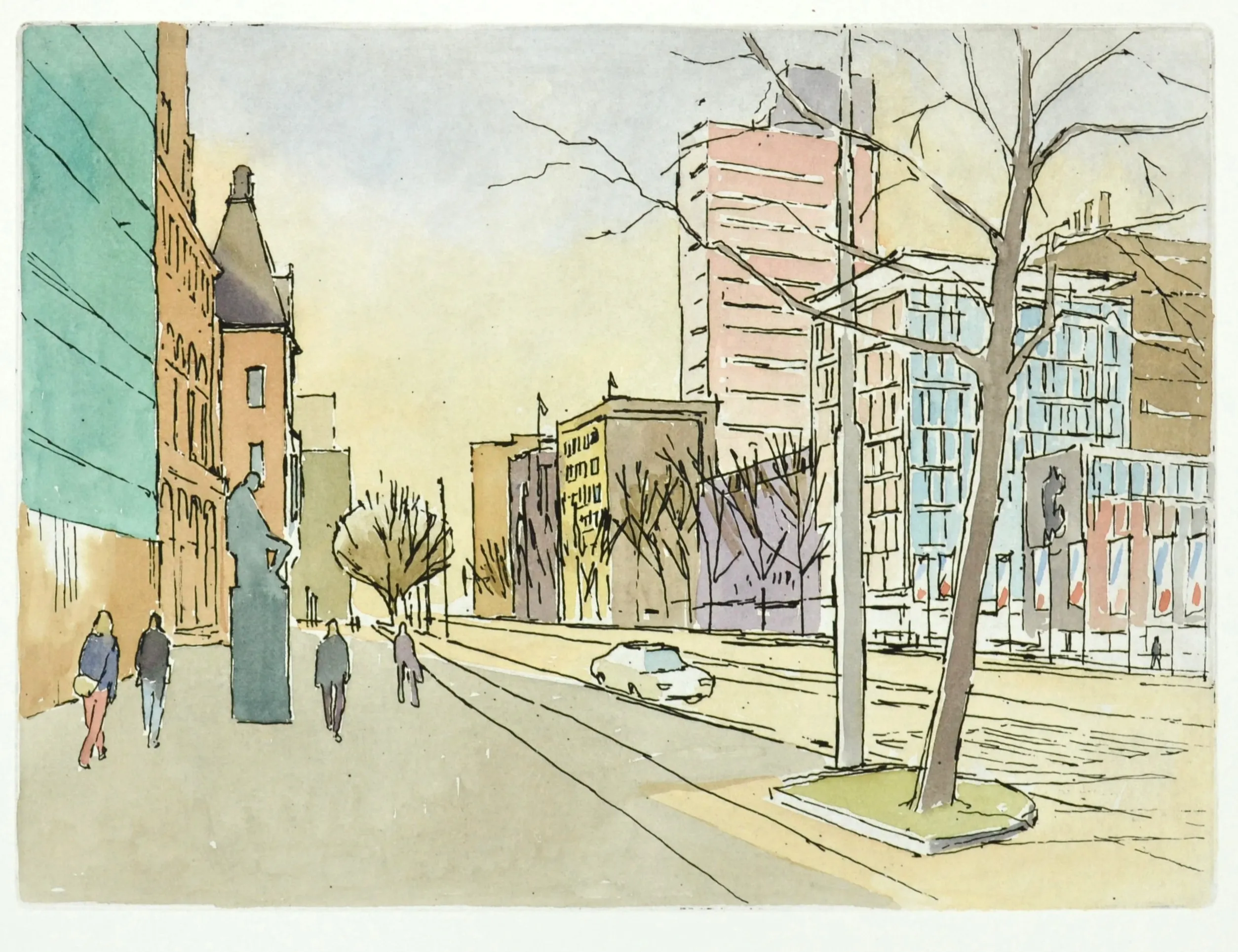 Watercolor sketch of an urban street with people walking, bare trees, modern and traditional buildings, a statue, and a car on the road.