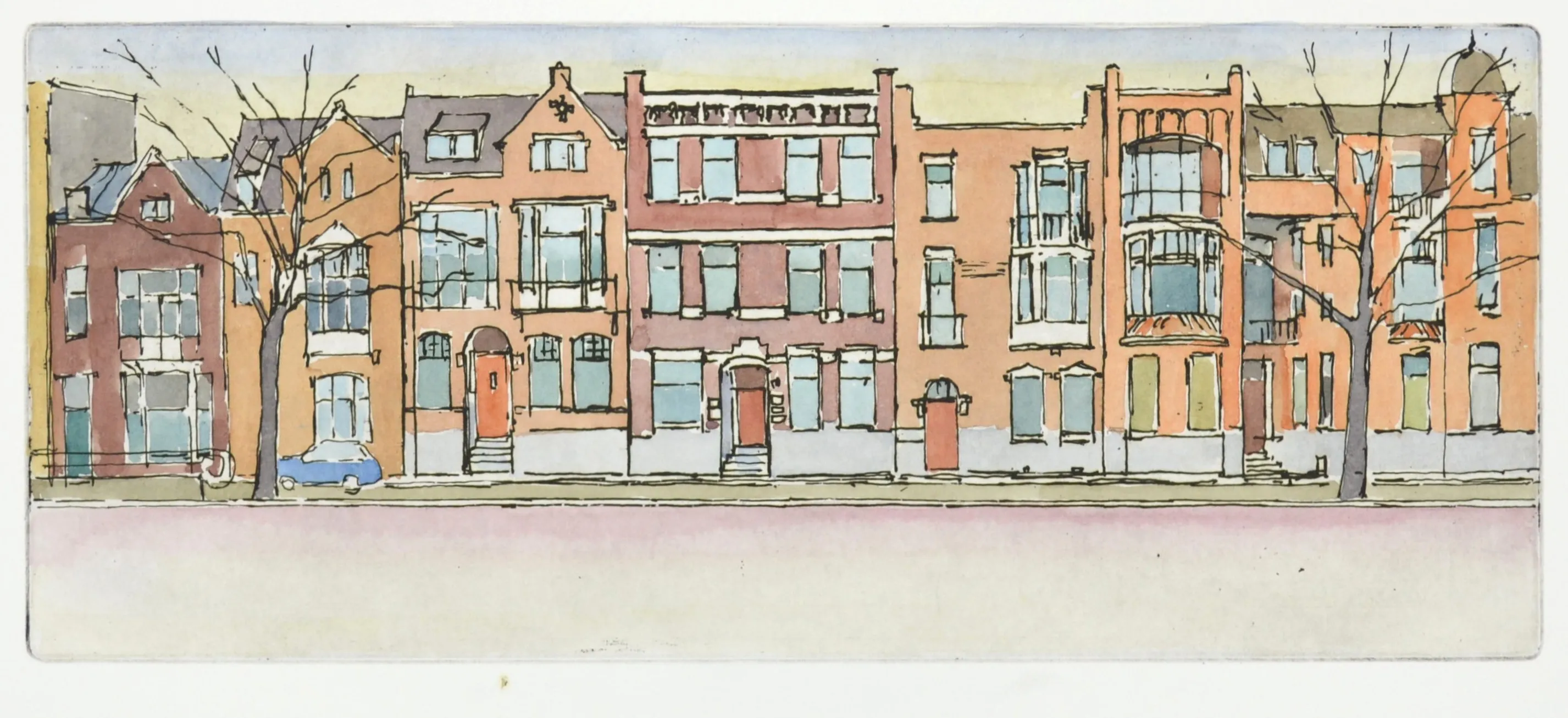 Watercolor sketch of a row of European-style brick buildings with multiple windows, two leafless trees, and a blue car parked on the street.