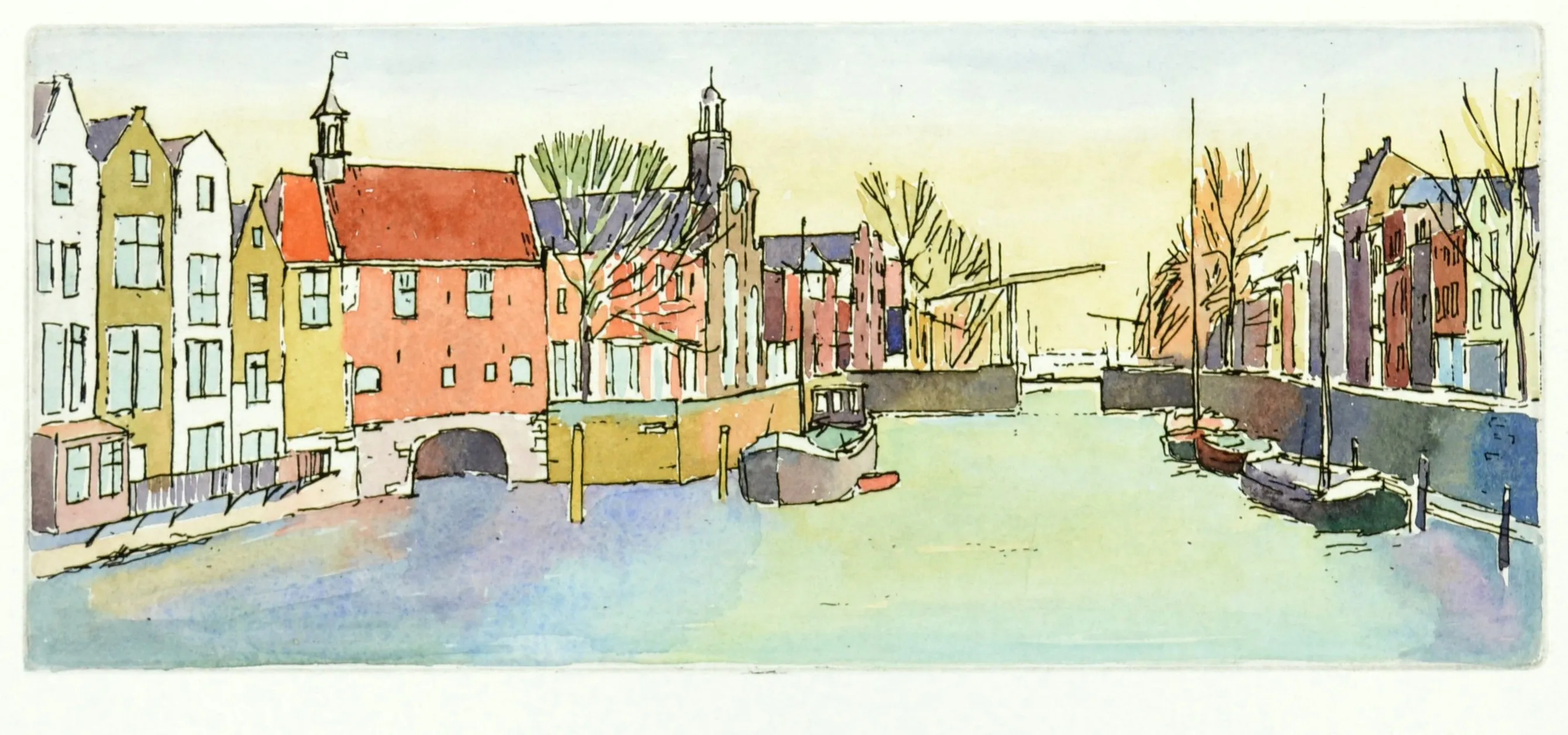 Watercolor sketch of a canal flanked by colorful historic buildings with boats docked along the water and bare trees.