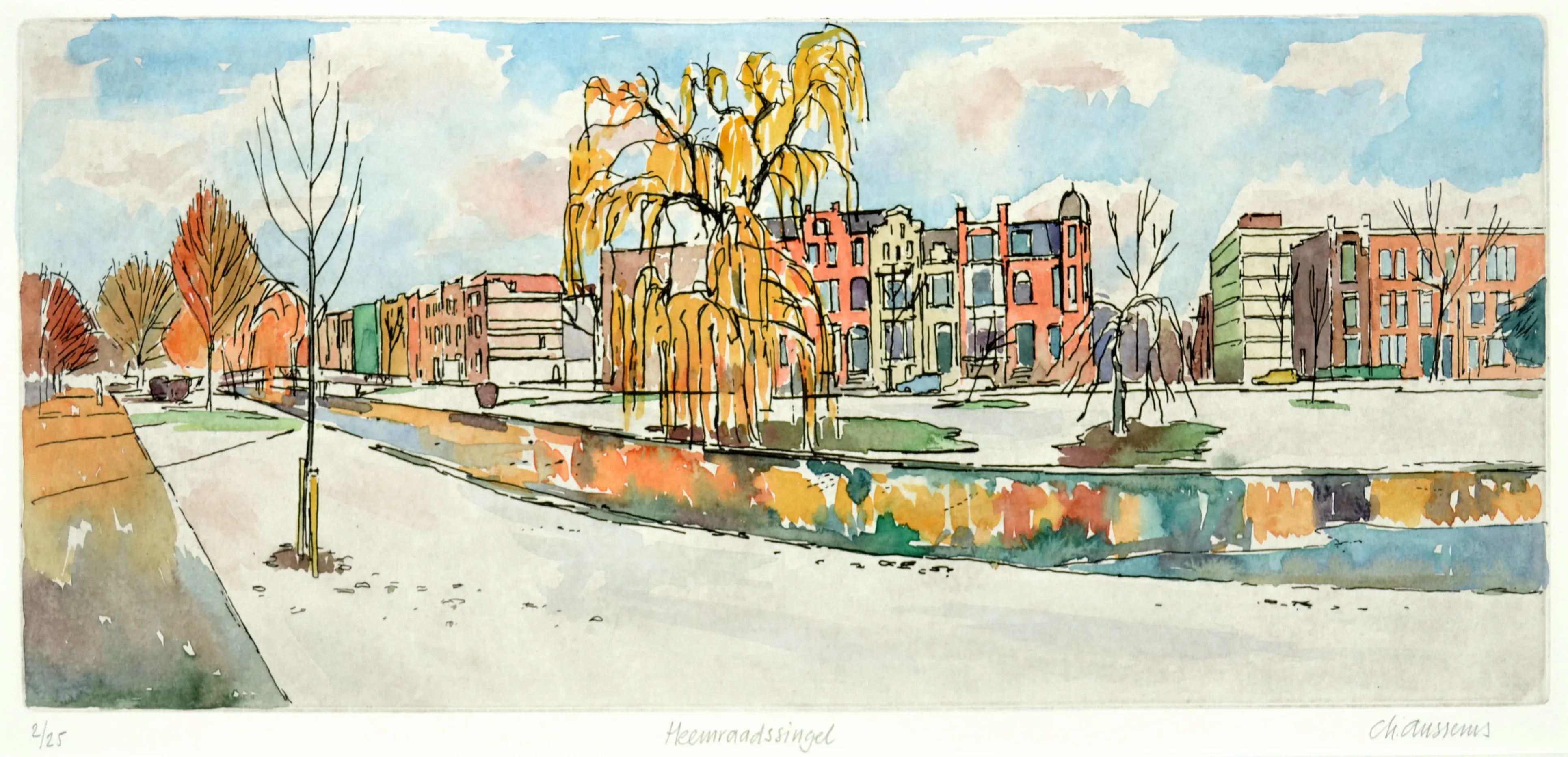 Watercolor painting of a canal lined with trees and colorful buildings under a blue sky.