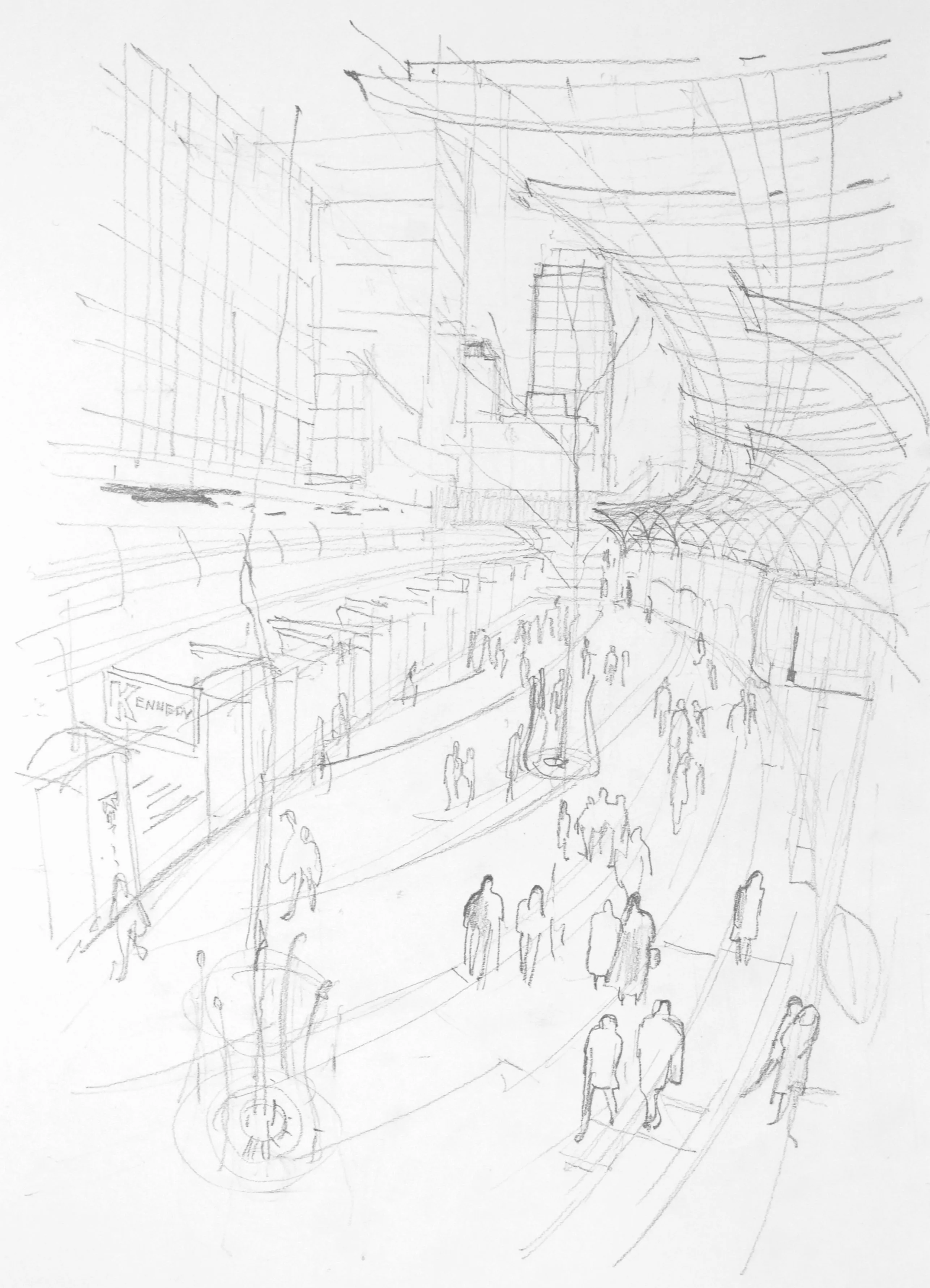 Pencil sketch of a curved urban street scene with buildings, scattered pedestrians, and overhead architectural structures.