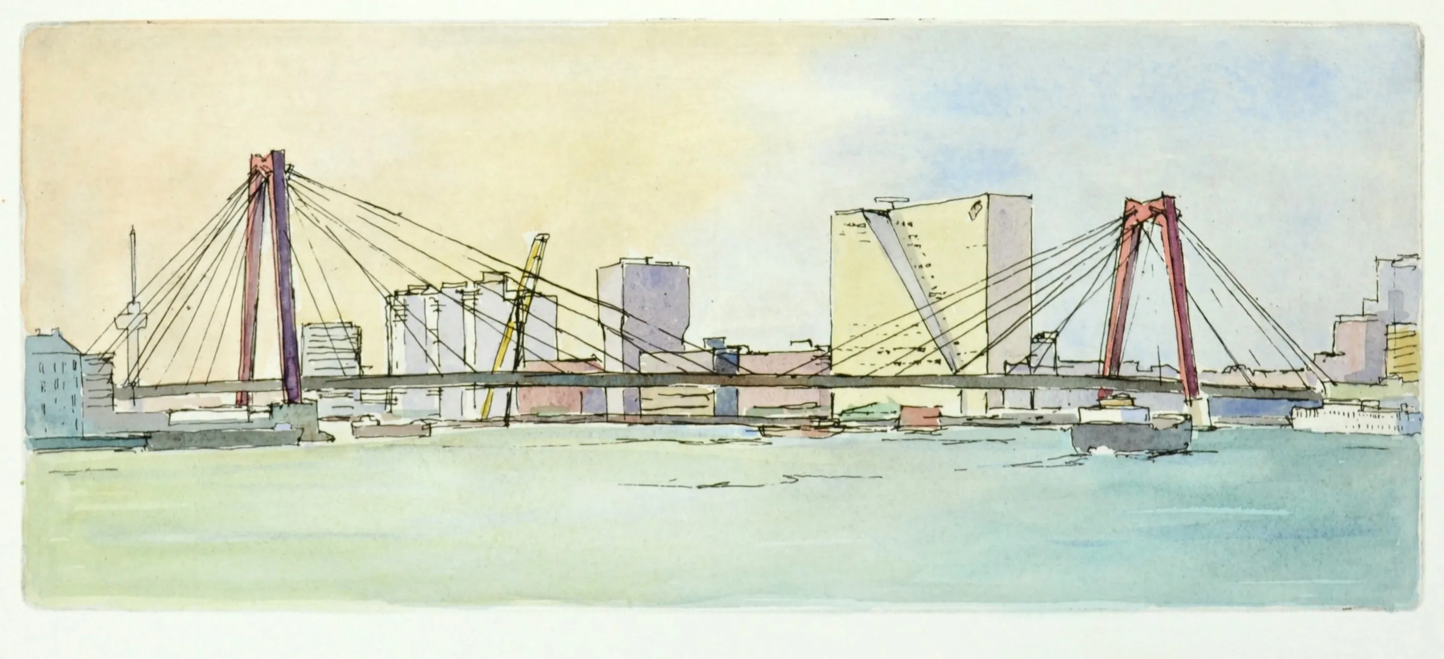 Watercolor sketch of a cable-stayed bridge spanning across a river with city buildings in the background.