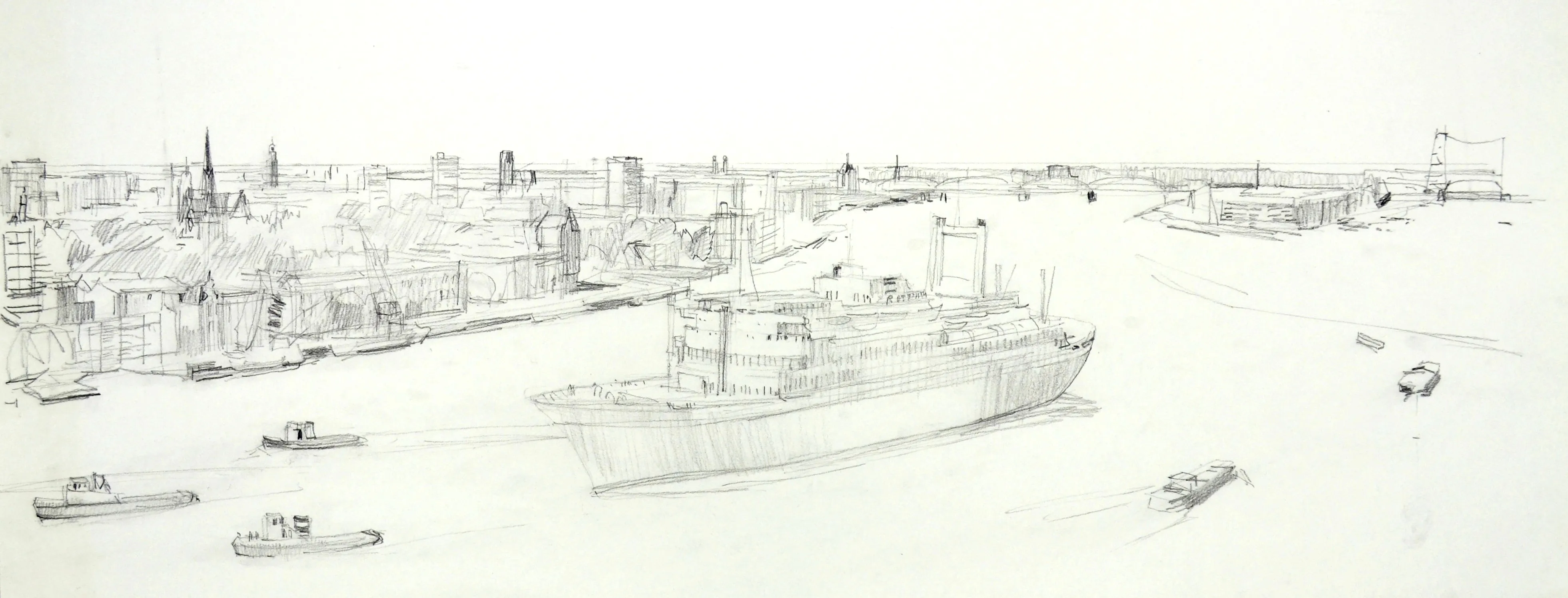 Pencil sketch of a large ship and smaller vessels sailing on a wide river with a cityscape in the background.