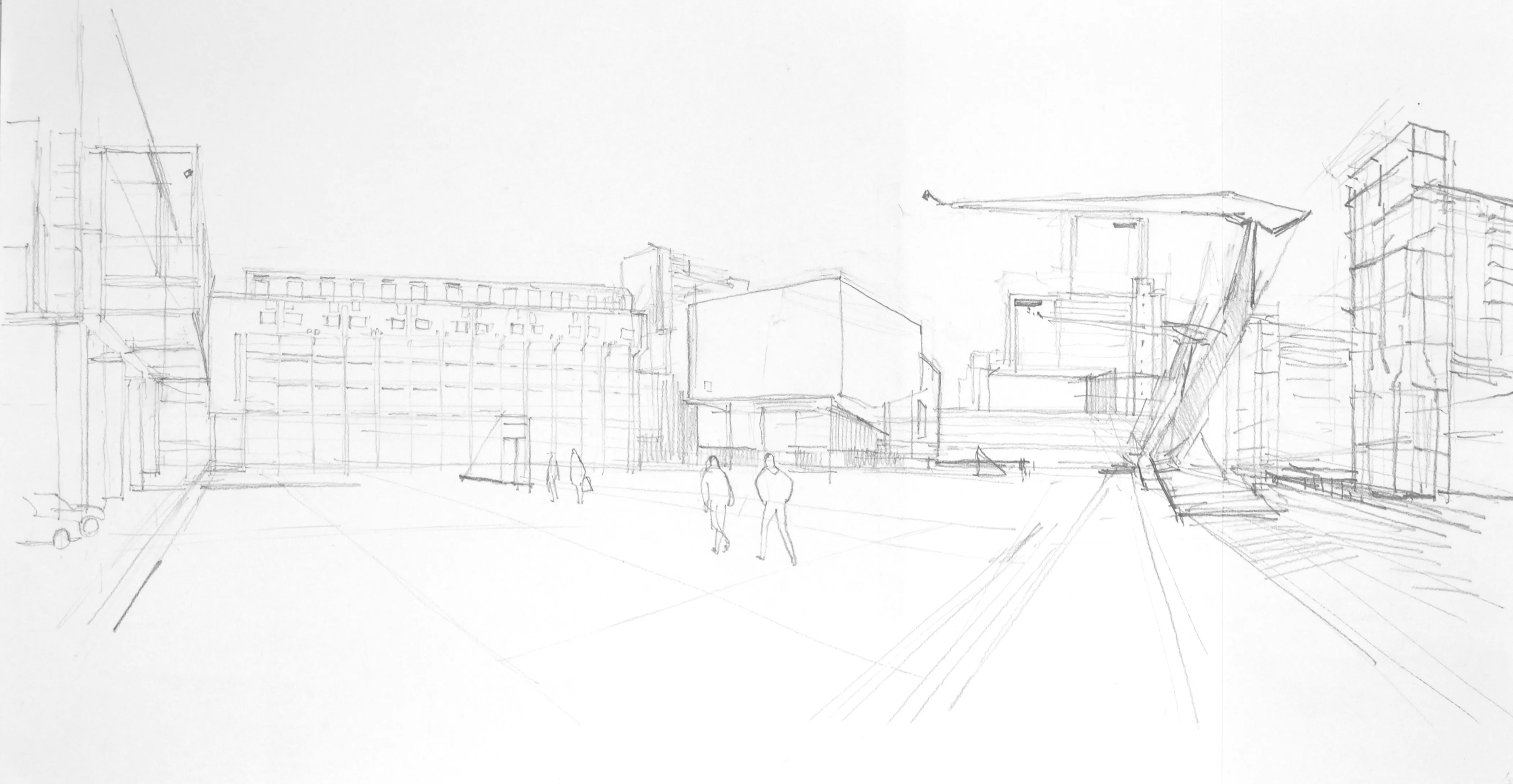 Pencil sketch of a modern urban plaza with abstract buildings and a few people walking.