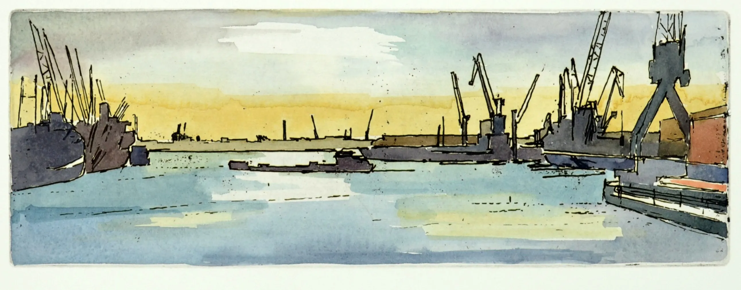 Watercolor painting of a harbor with cranes and ships against a sunset sky.