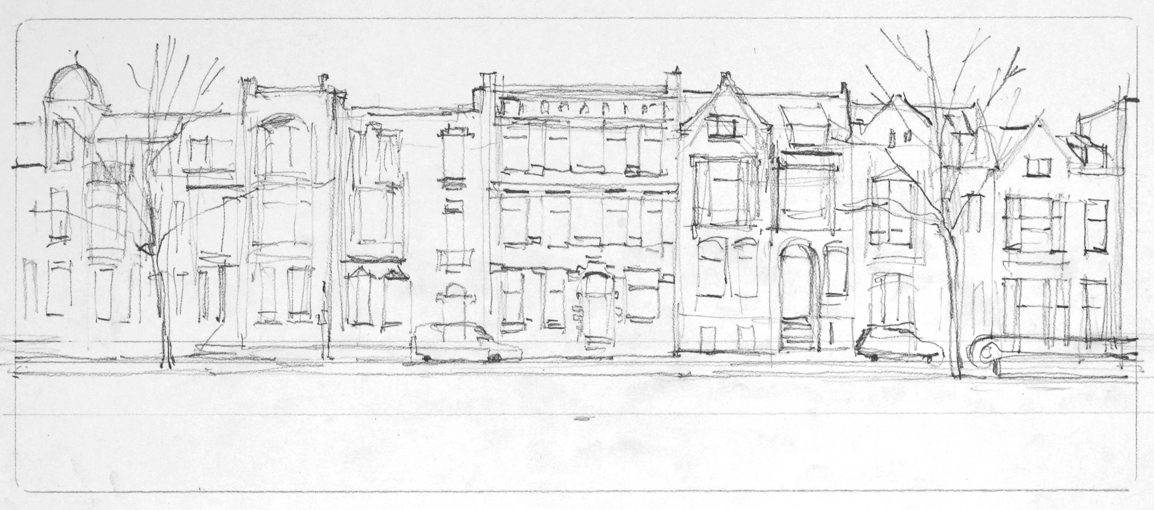 Pencil sketch of a row of urban buildings with multiple windows, doors, two parked cars, and leafless trees along the street.