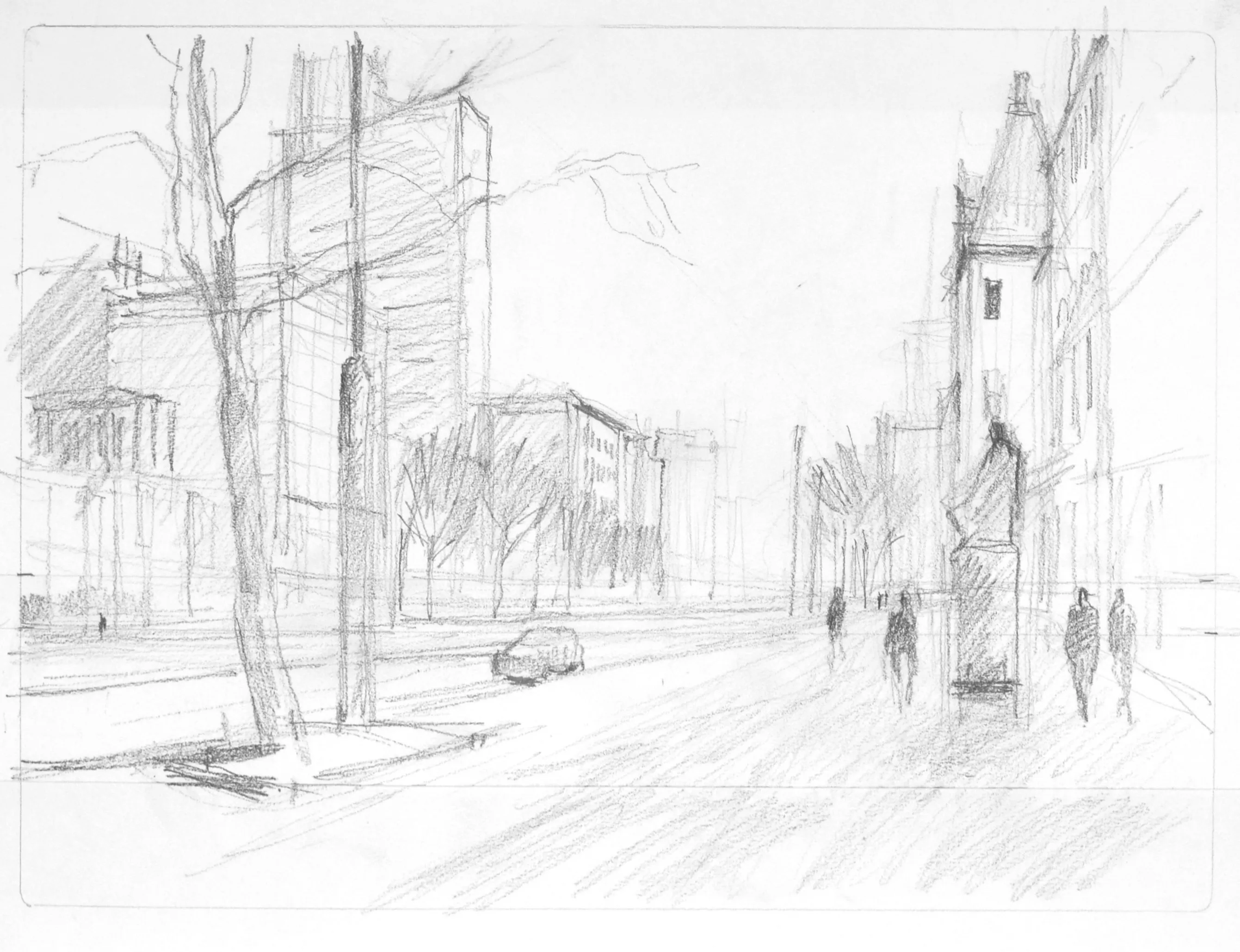 Pencil sketch of an urban street scene with buildings, trees, a car, and indistinct pedestrians.
