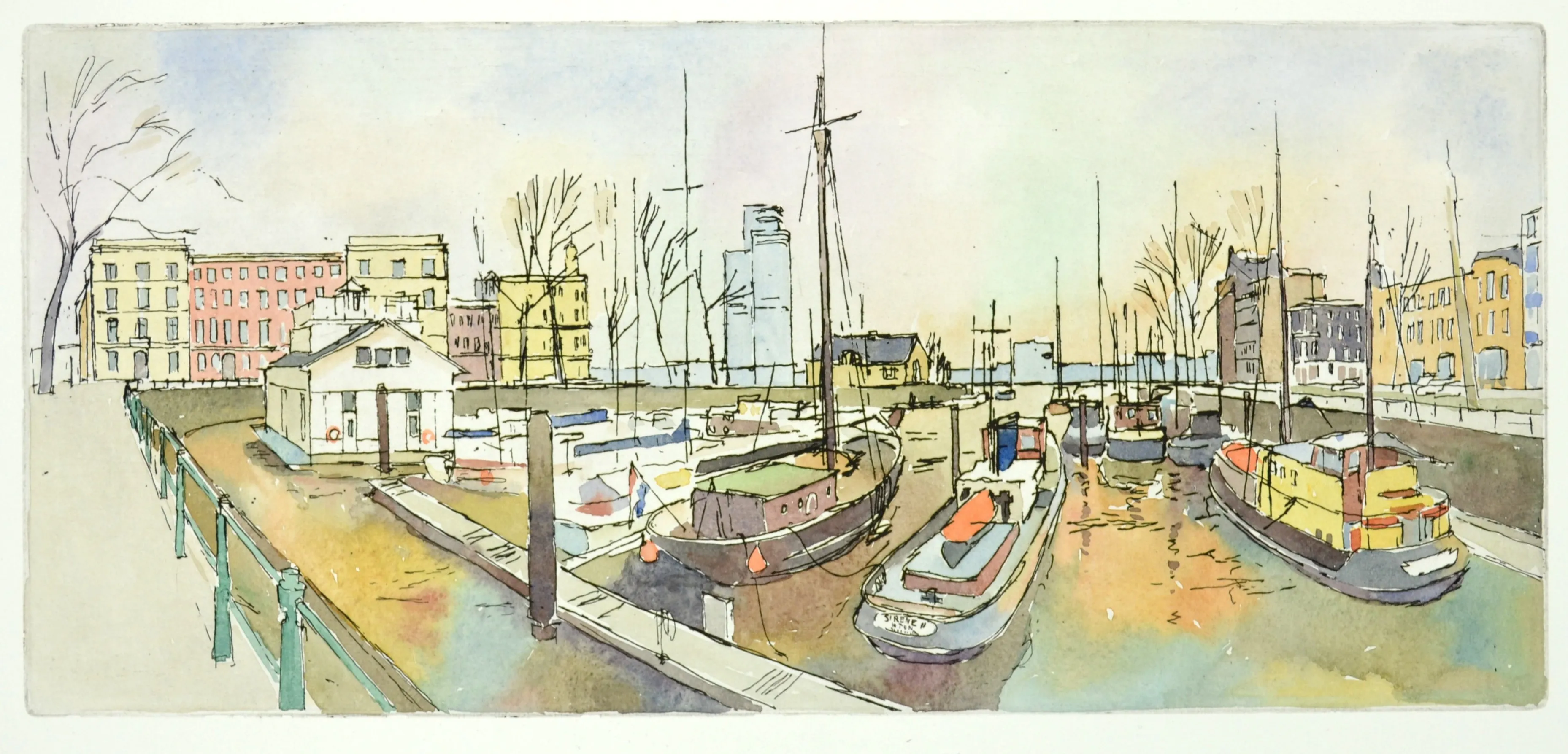 Watercolor sketch of a harbor with boats docked alongside a walkway with buildings and leafless trees in the background.