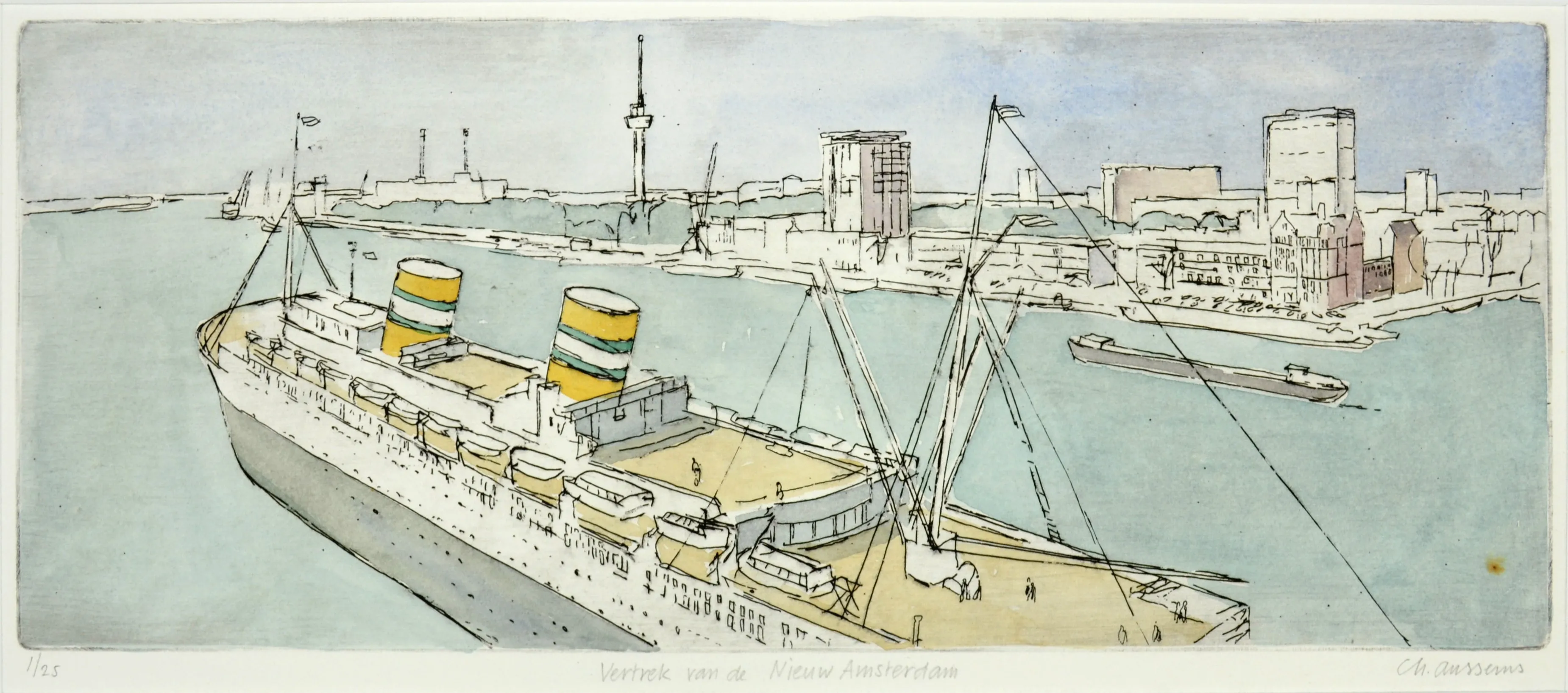 Illustration of a large white ship with two yellow and green smokestacks sailing near a city waterfront with buildings and a tower.