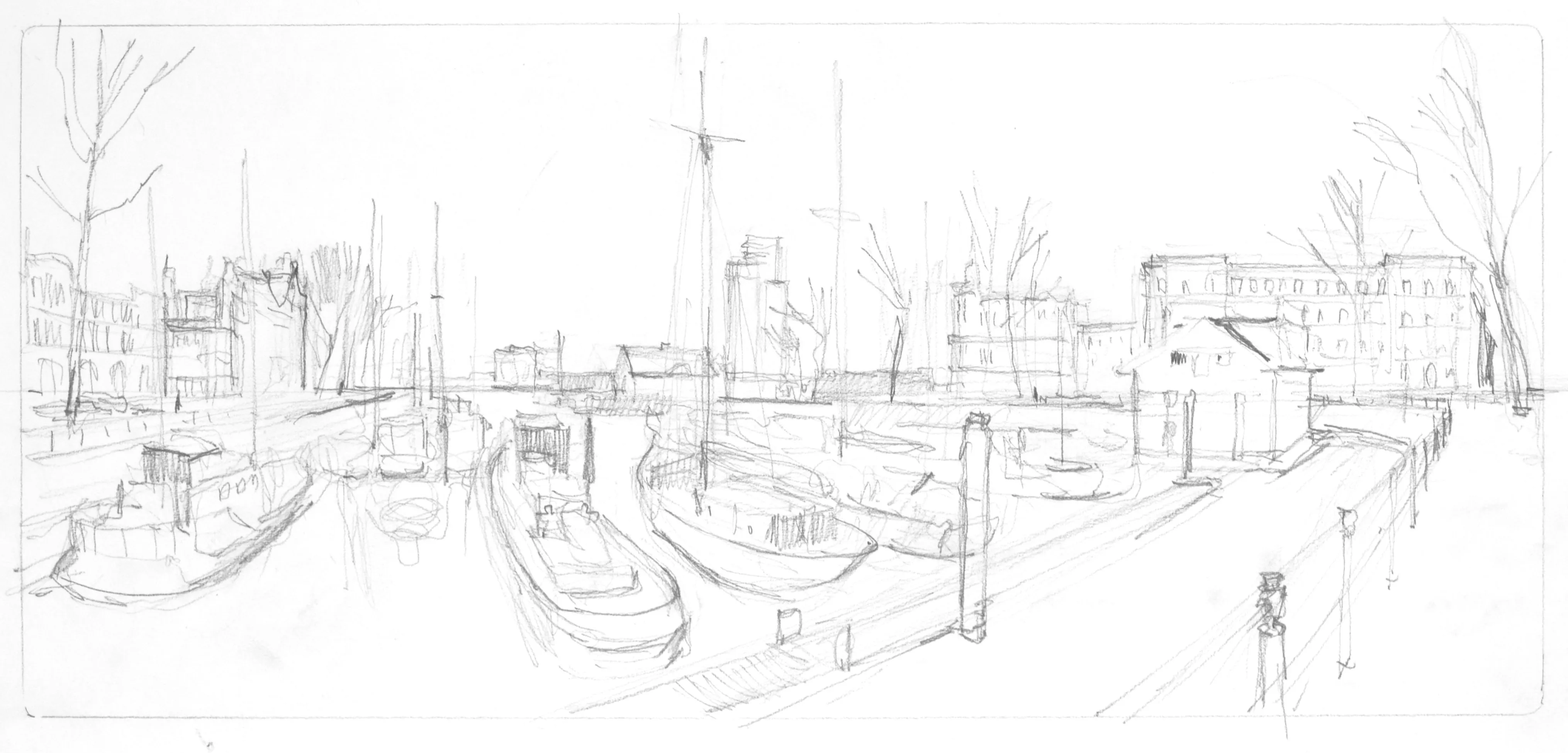 Pencil sketch of a harbor scene with multiple boats docked and buildings and trees in the background.